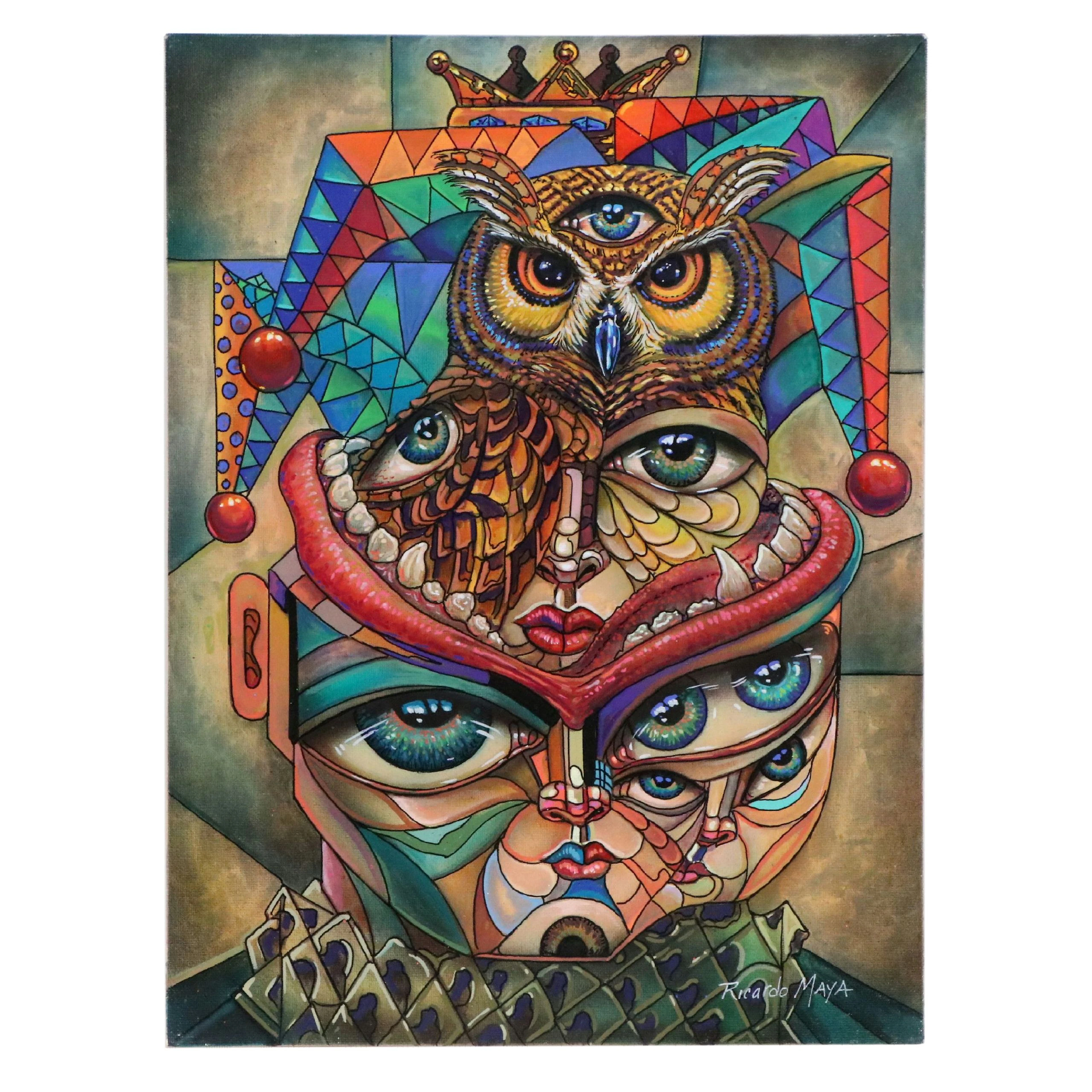Ricardo Maya Acrylic Painting of Surrealist Face with Owl