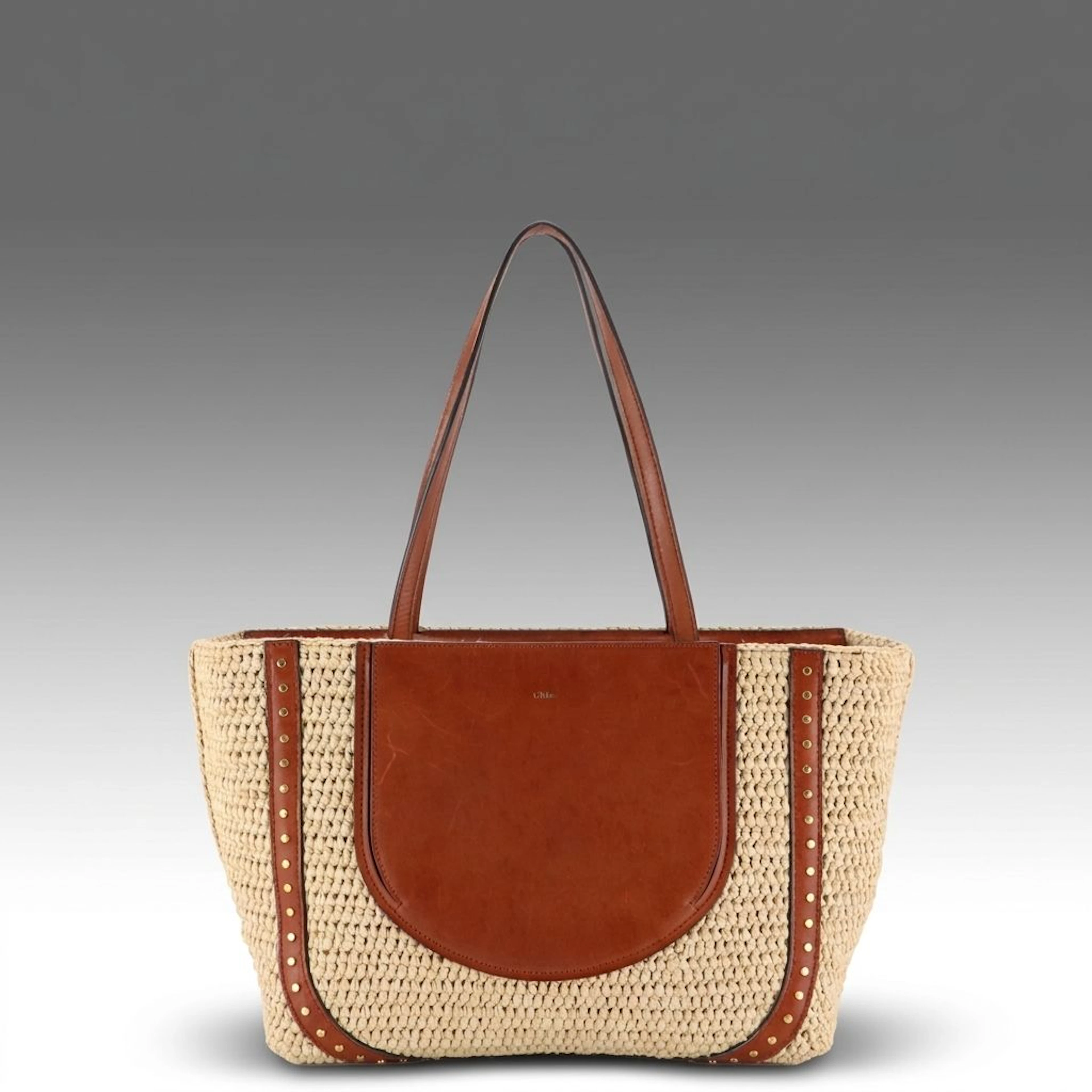Chloé Isa Shopper Tote Bag in Neutral Woven Raffia and Brown Leather