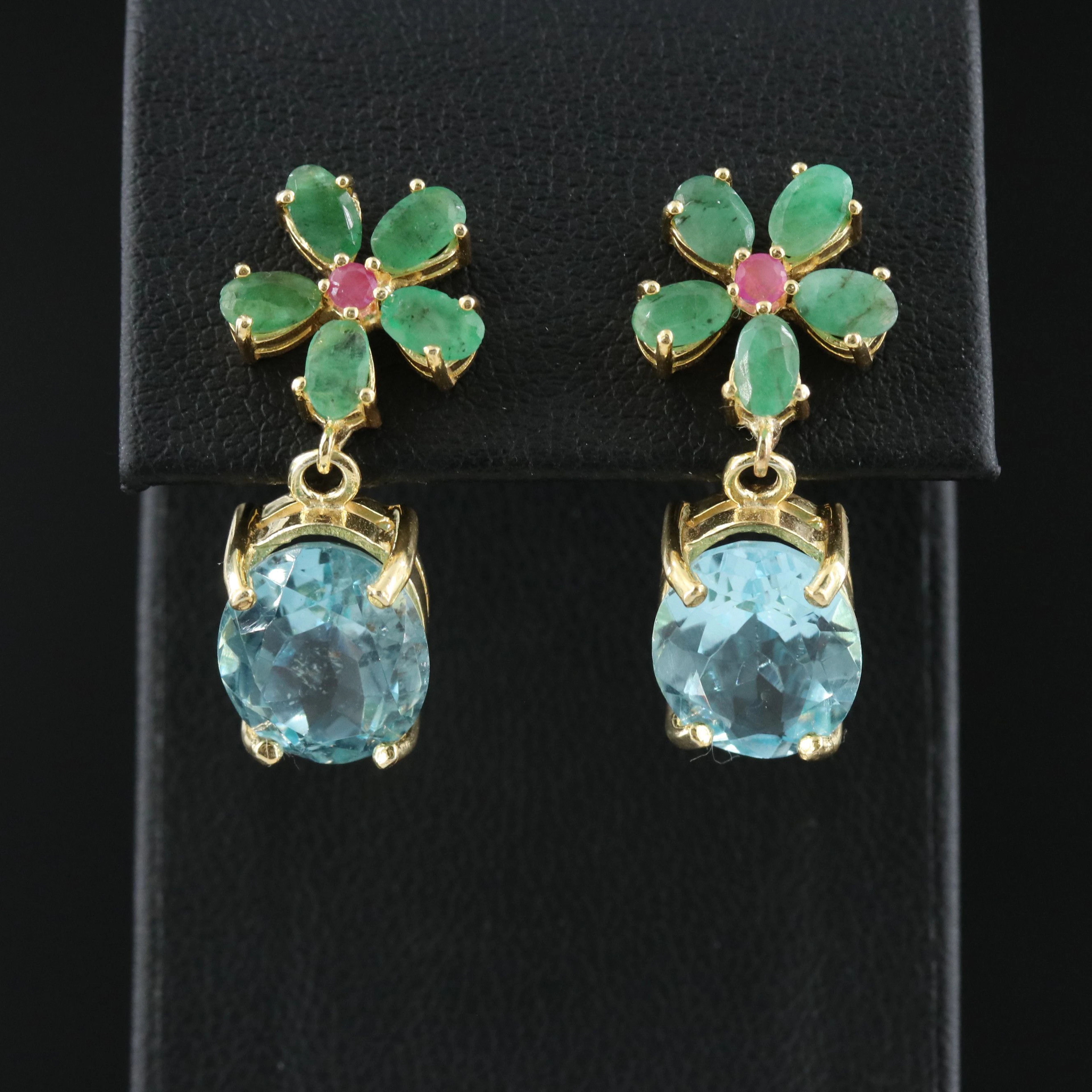 Sterling Sky Blue Topaz and Emerald Earrings with Filled Corundum Accents