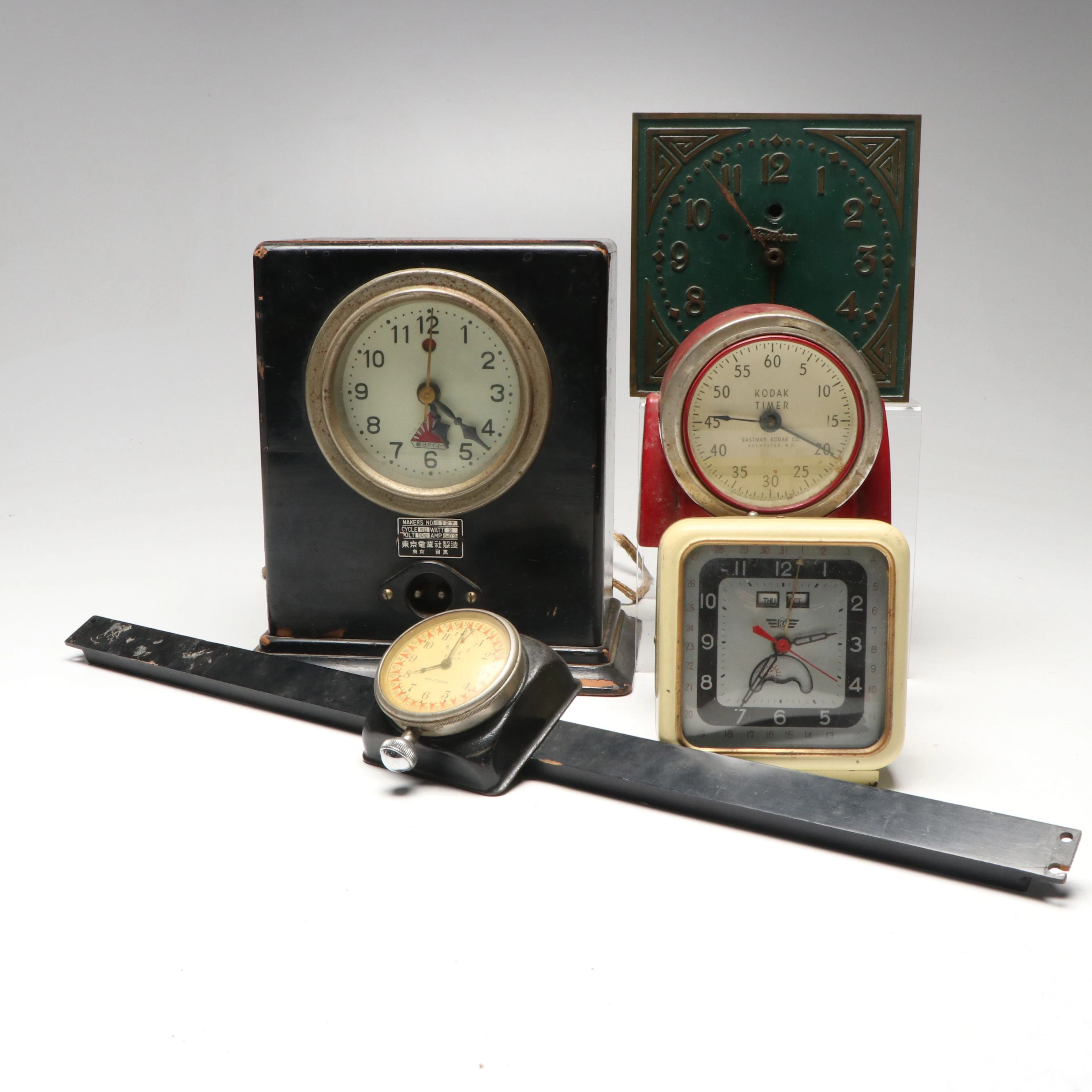 Eastman Kodak Timer with Other Art Deco Style Clocks, Early to Mid-20th Century