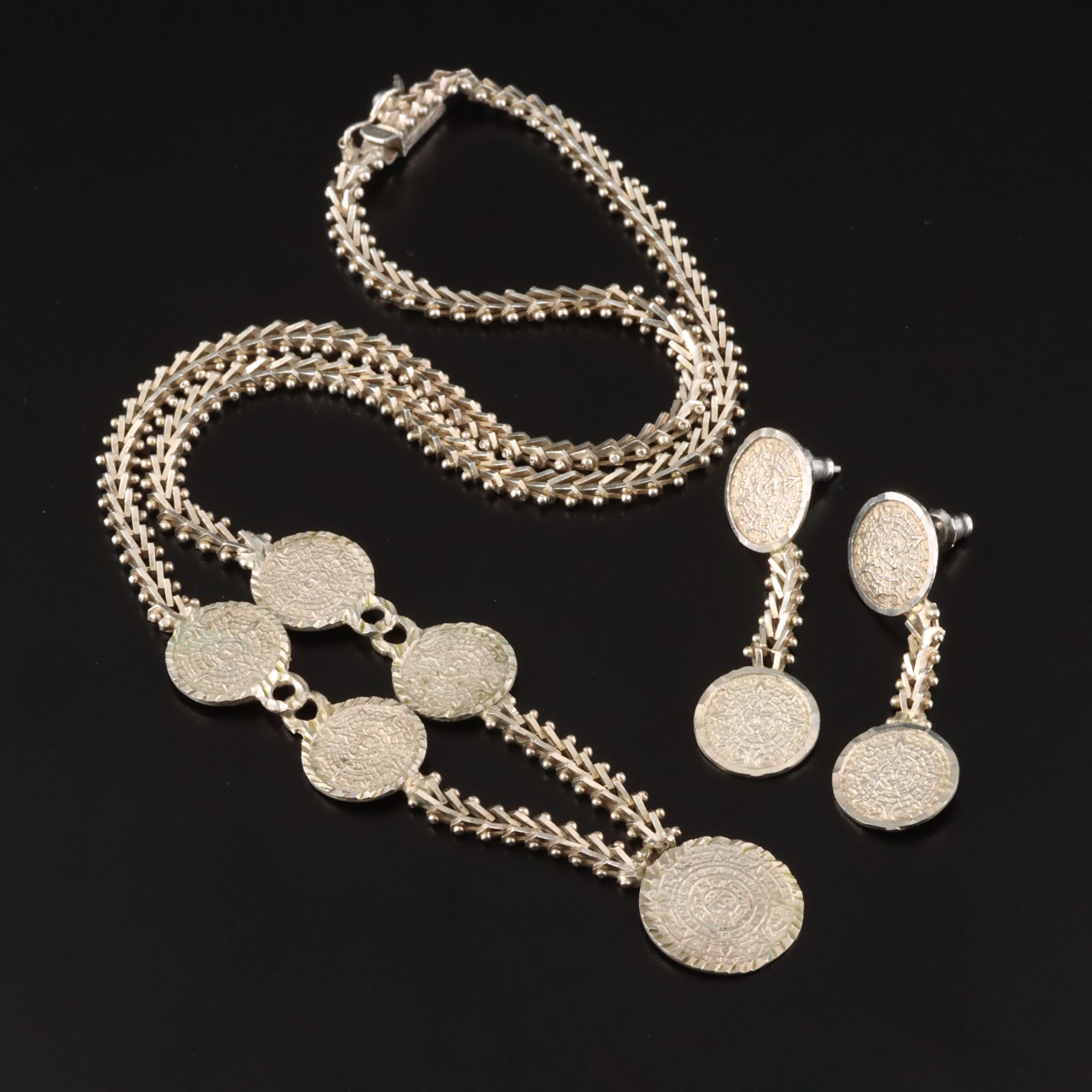 Mexican Sterling Aztec Calendar Necklace & Earrings Set