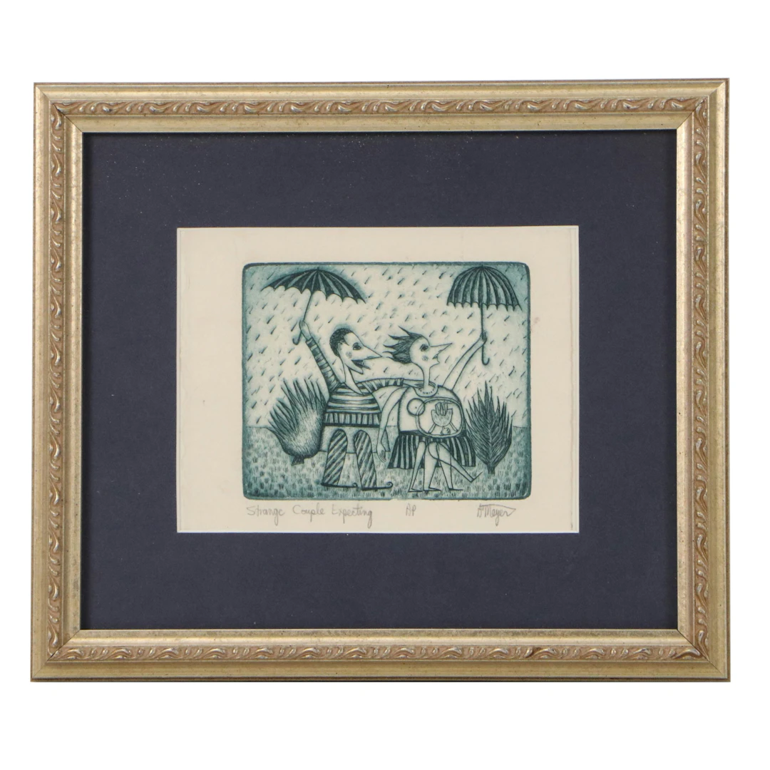 A. Meyer Etching "Strange Couple Expecting," Late 20th to 21st Century