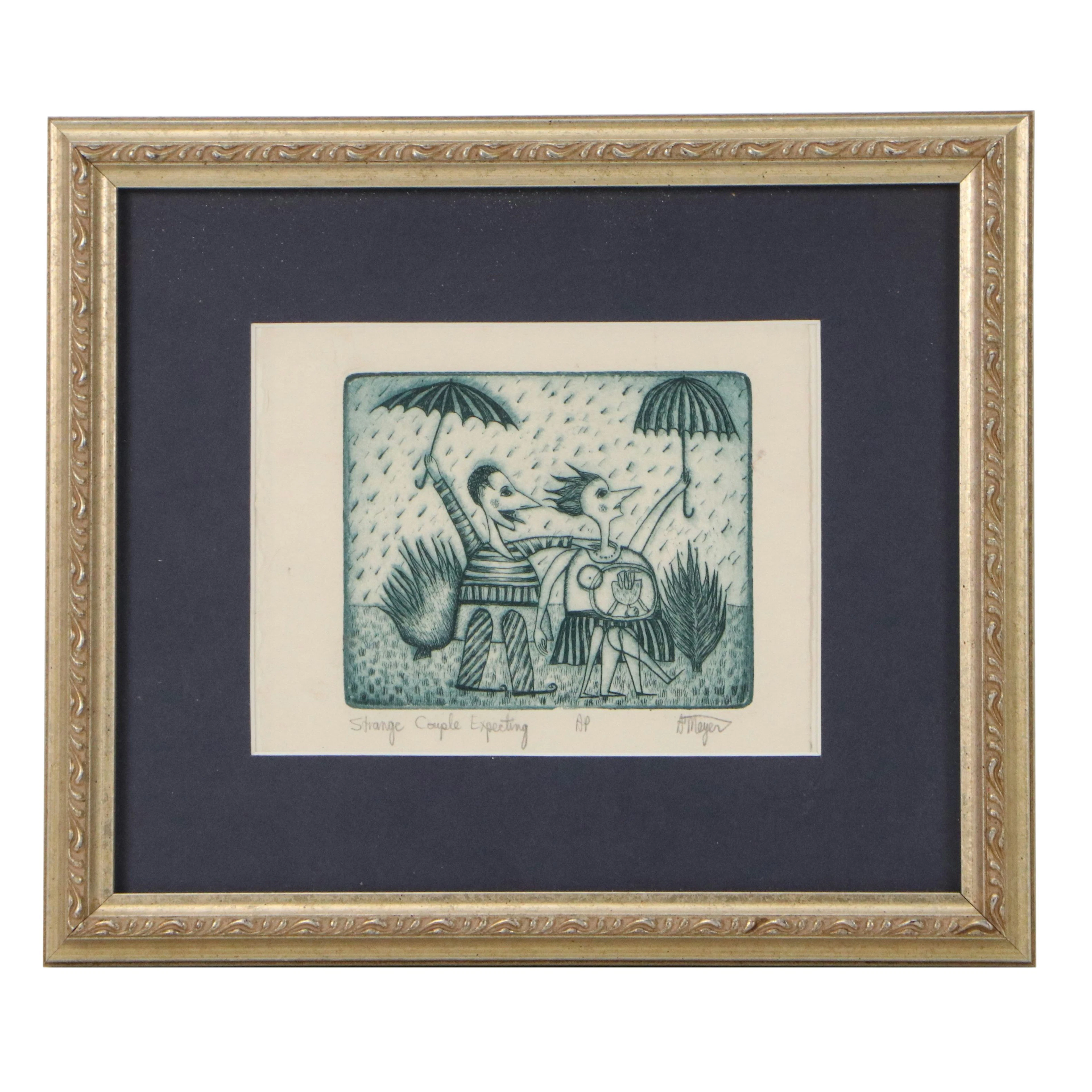 A. Meyer Etching "Strange Couple Expecting," Late 20th to 21st Century
