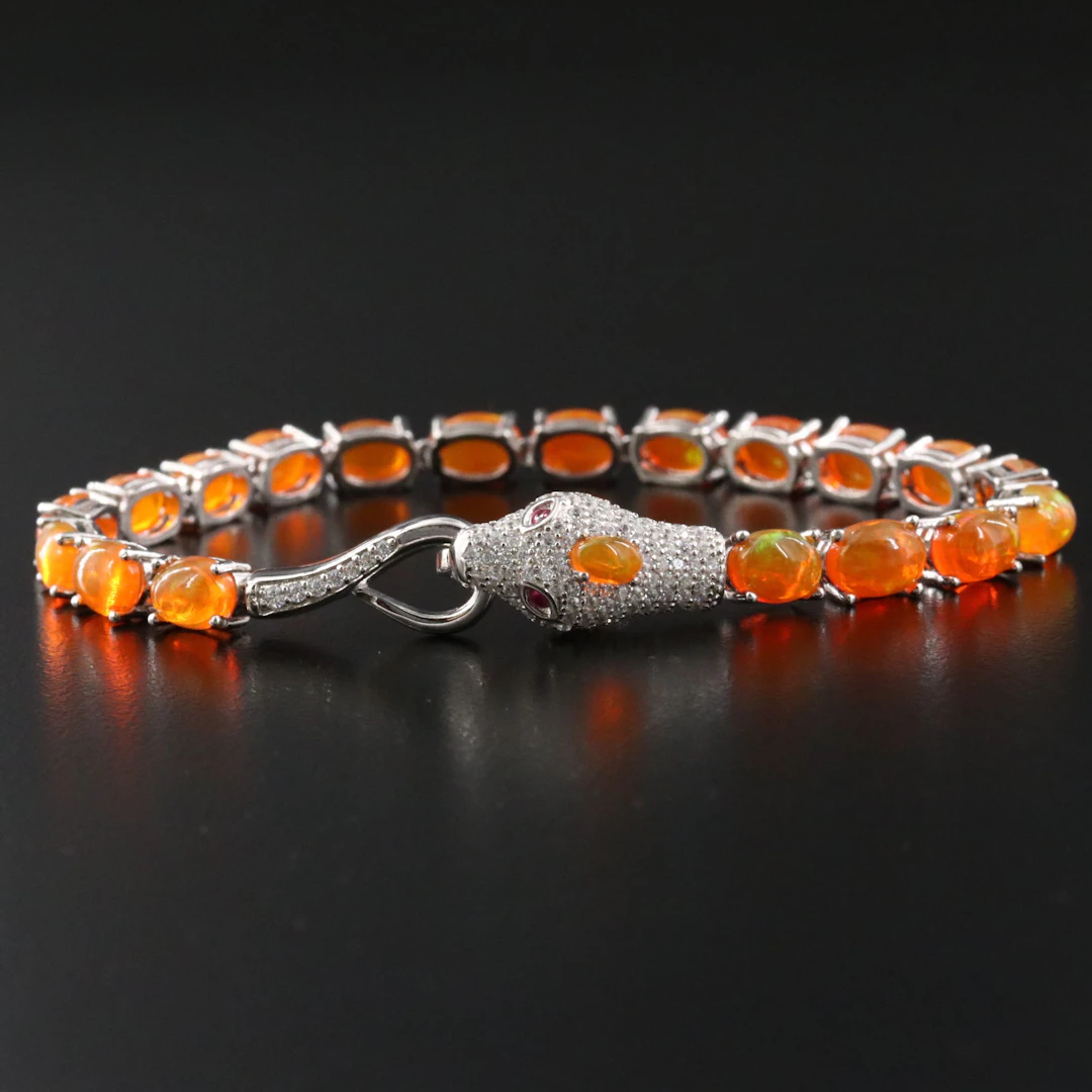 Sterling Serpent Fire Opal Bracelet with CZ and Ruby Accents