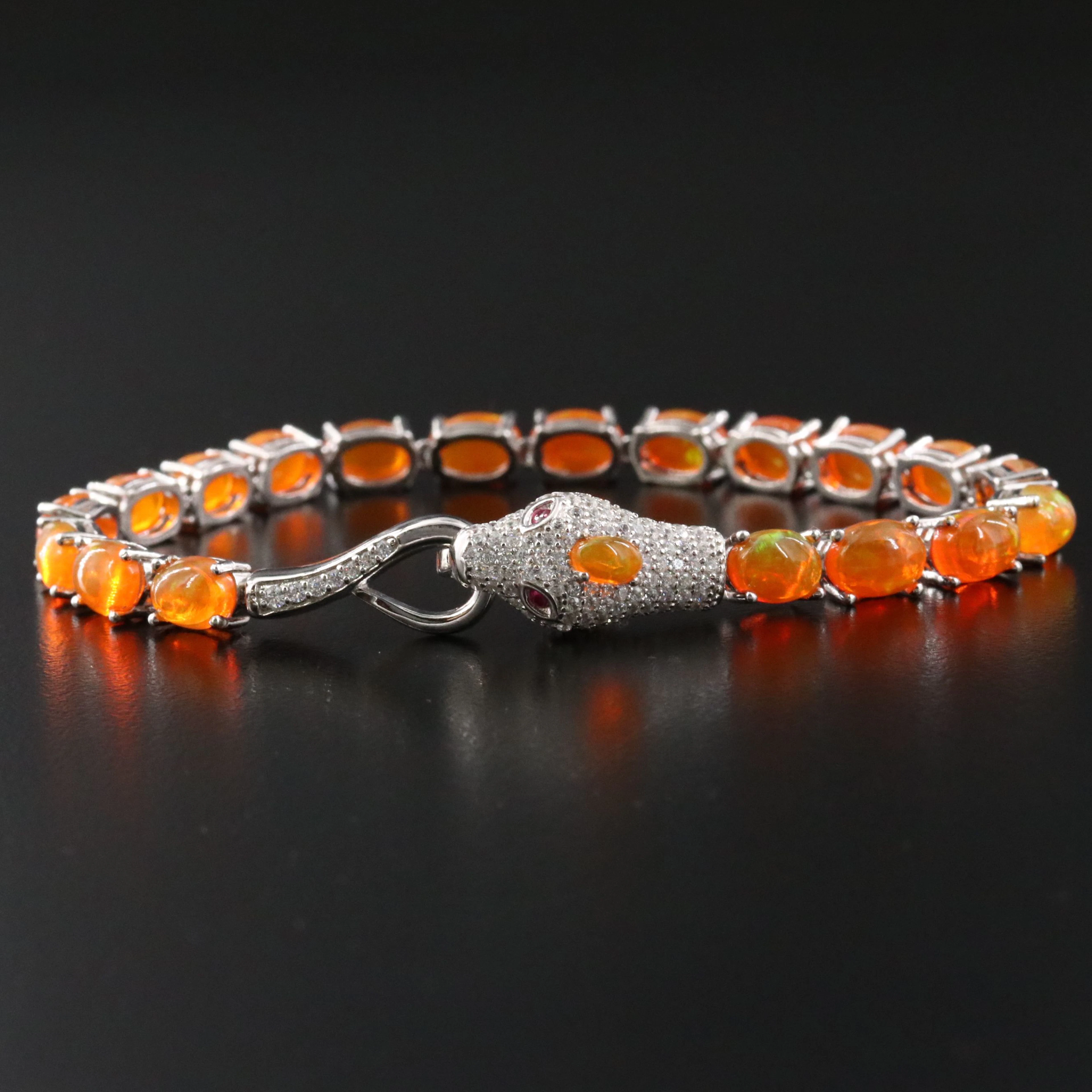 Sterling Serpent Fire Opal Bracelet with CZ and Ruby Accents