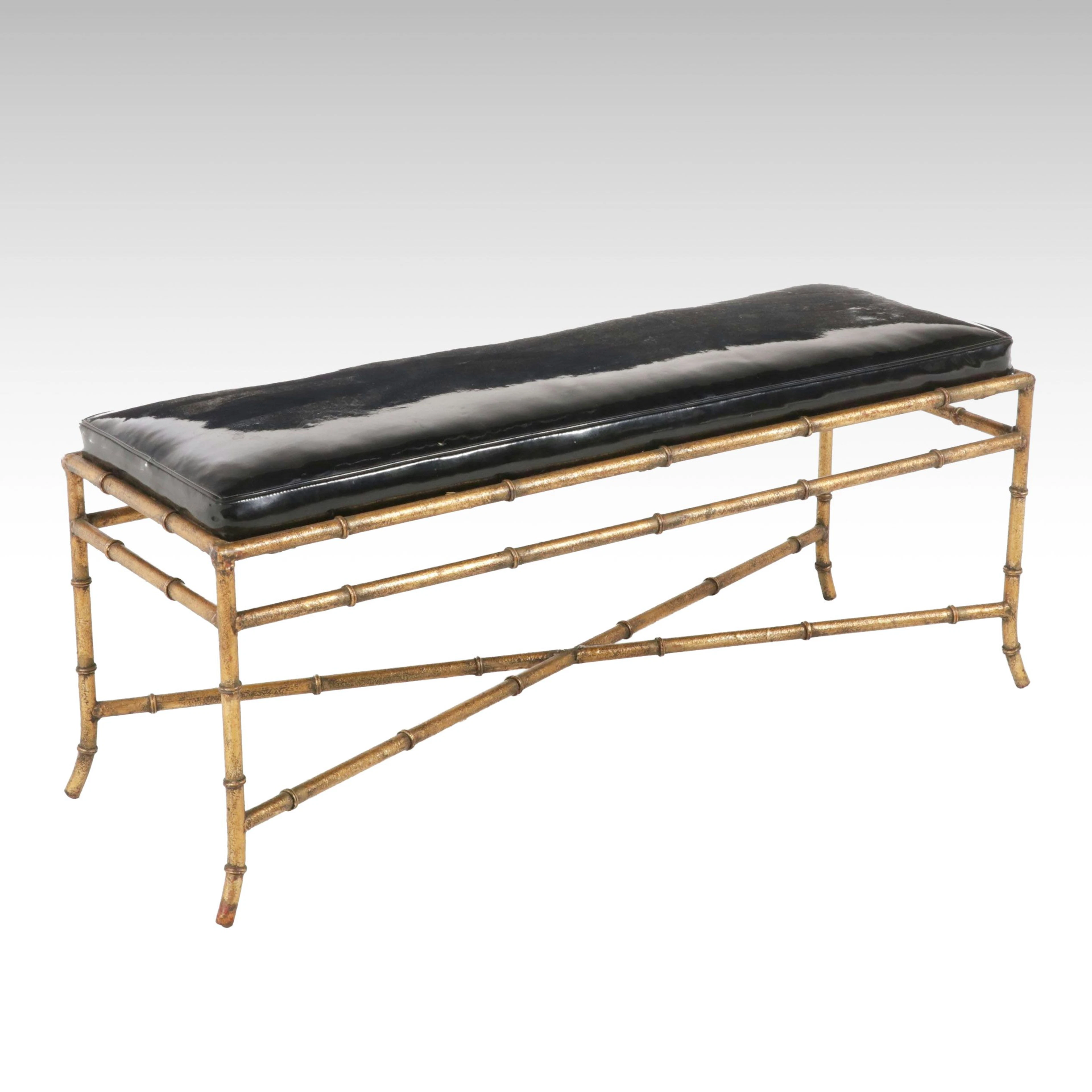 Doris Dessauer Inc. Hollywood Regency Style Gilt Metal and Glossy Vinyl Bench