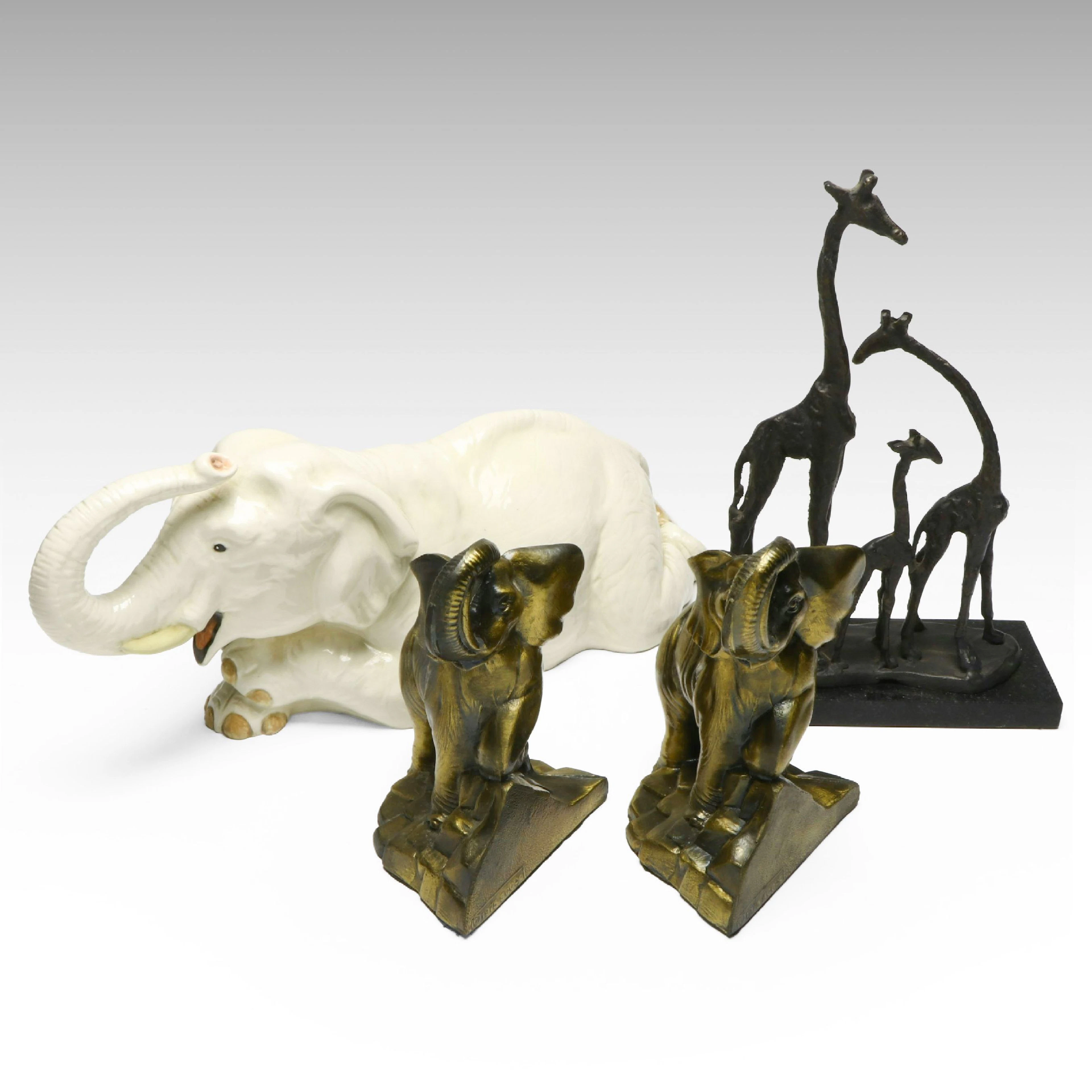 Cast Iron Mounted Giraffe Family Sculpture with Elephant Bookends and Figurine