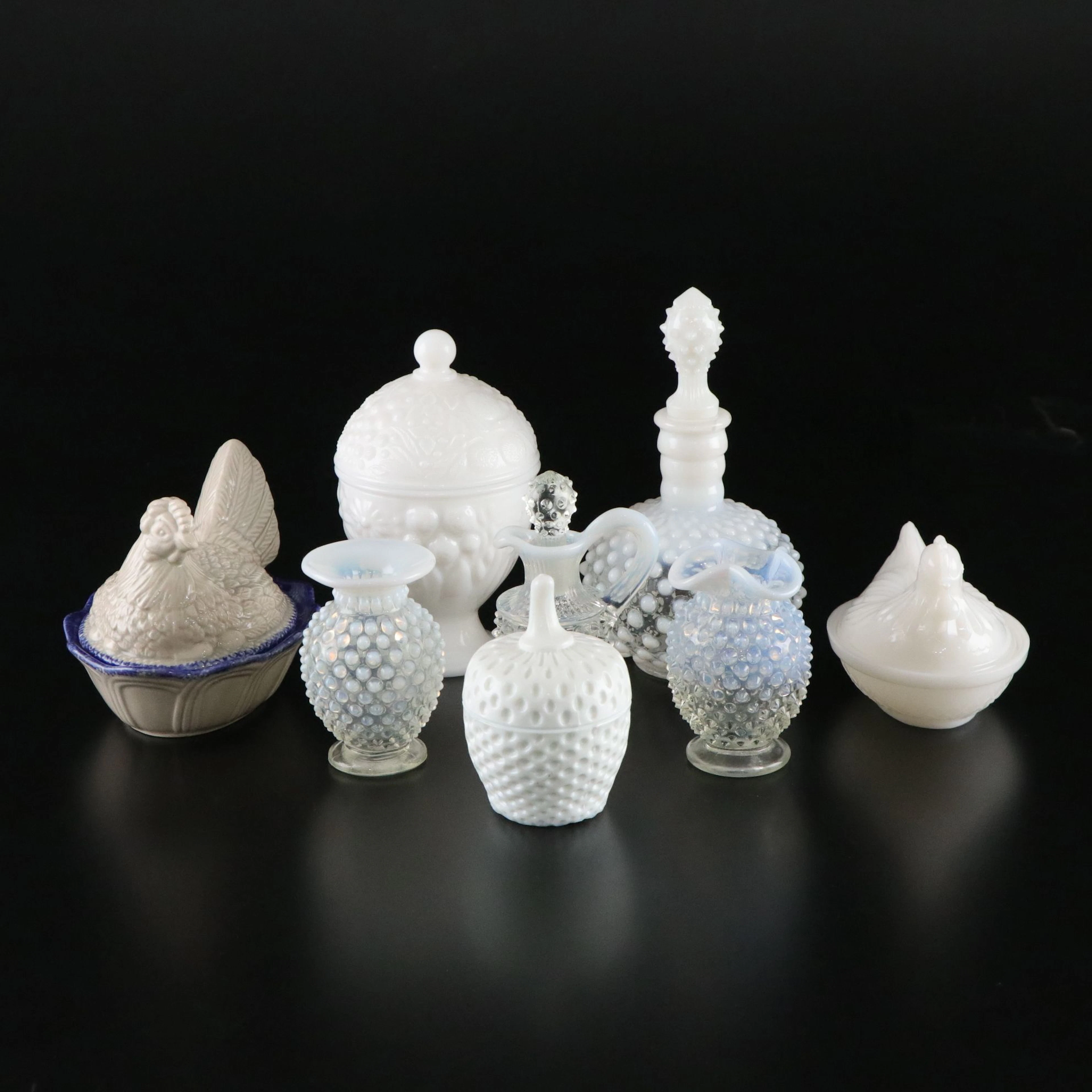 Opalescent Hobnail Vases, Bottle, and Cruet with Other Glass and Ceramic