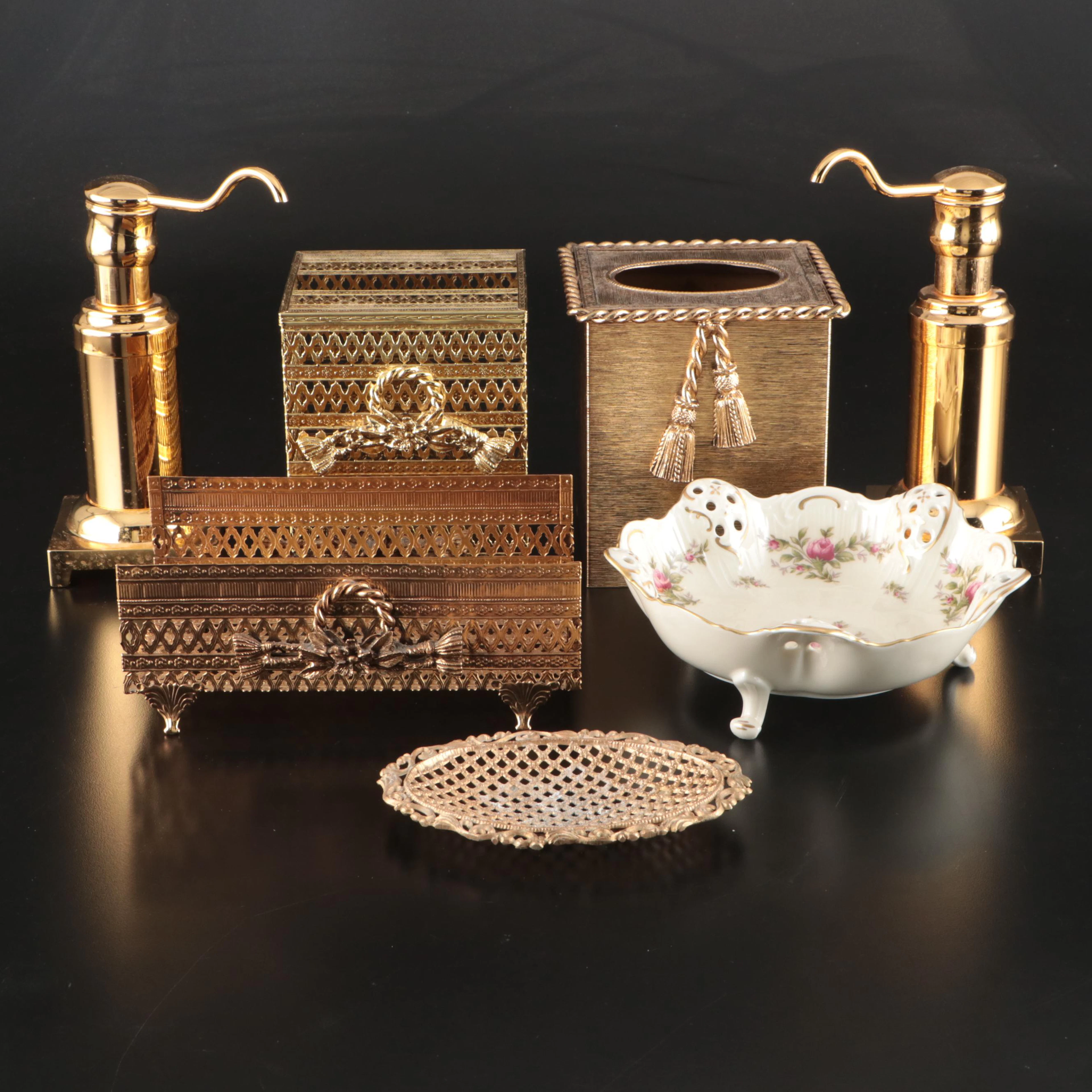 Rosenthal Porcelain Soap Dish with Gilt Metal Dispensers, Tissue Box Covers