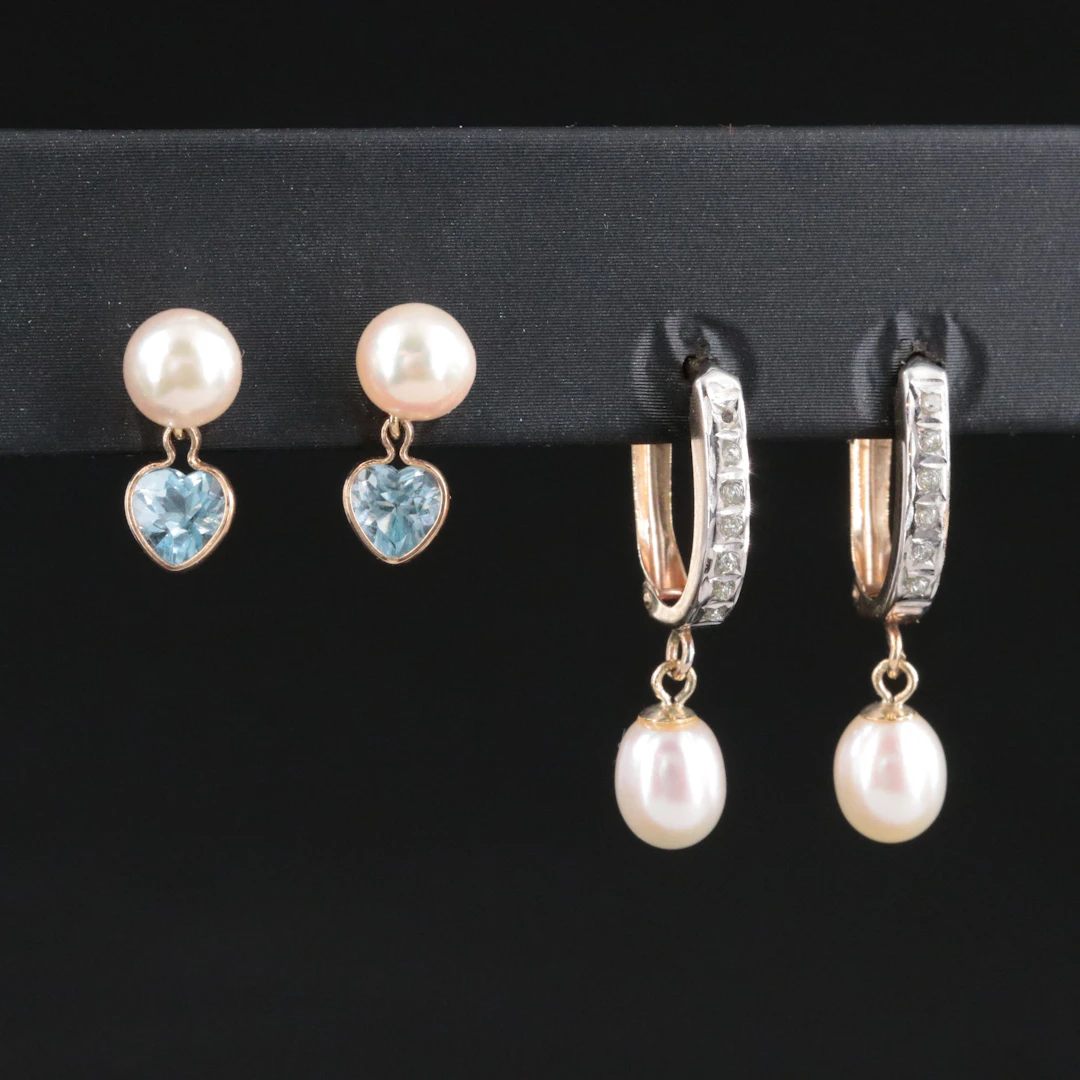 10K and 14K Pearl, Topaz, and Resin Earrings