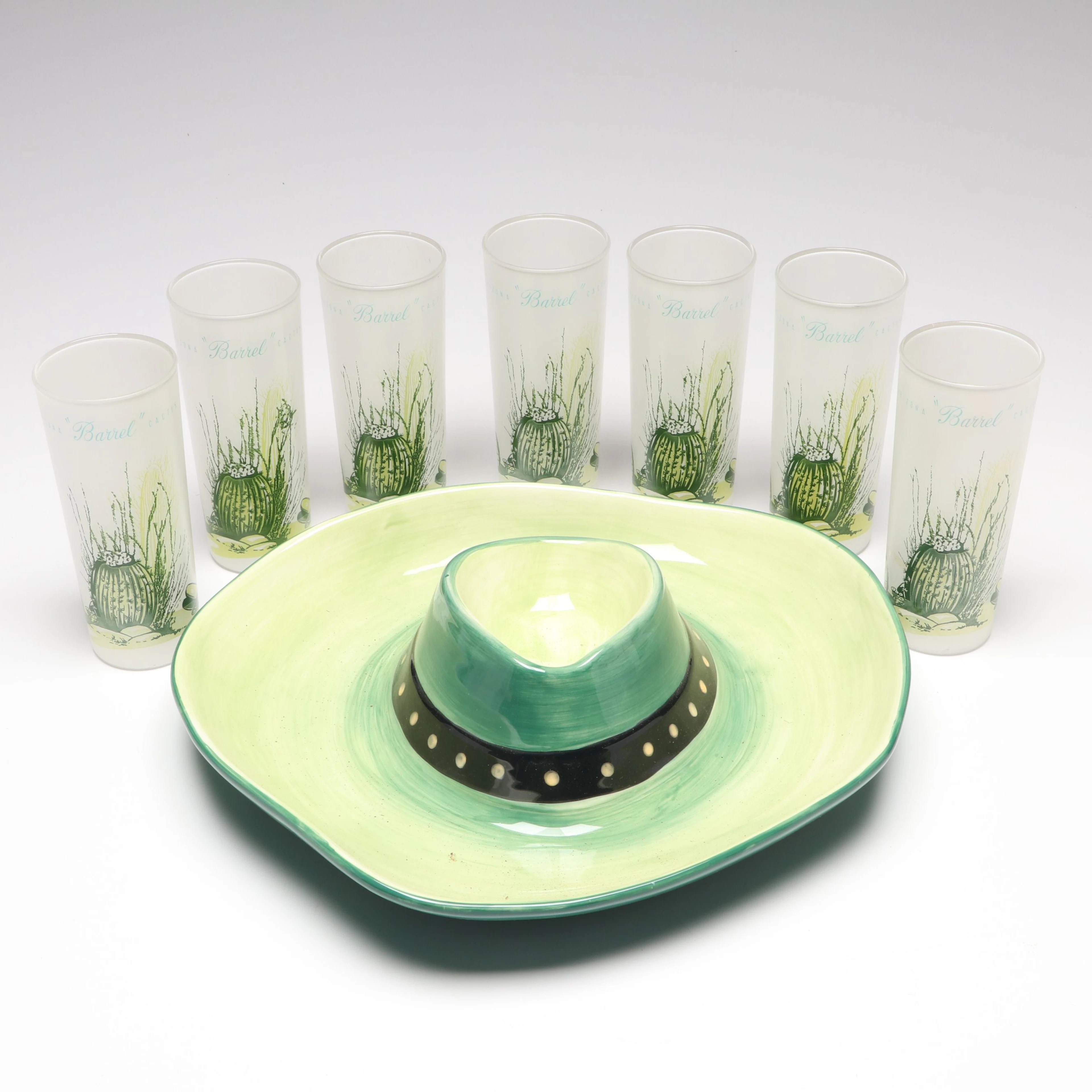 HausenWert Ceramic Sombrero Chip/Dip Bowl with Frosted Glass Tumblers