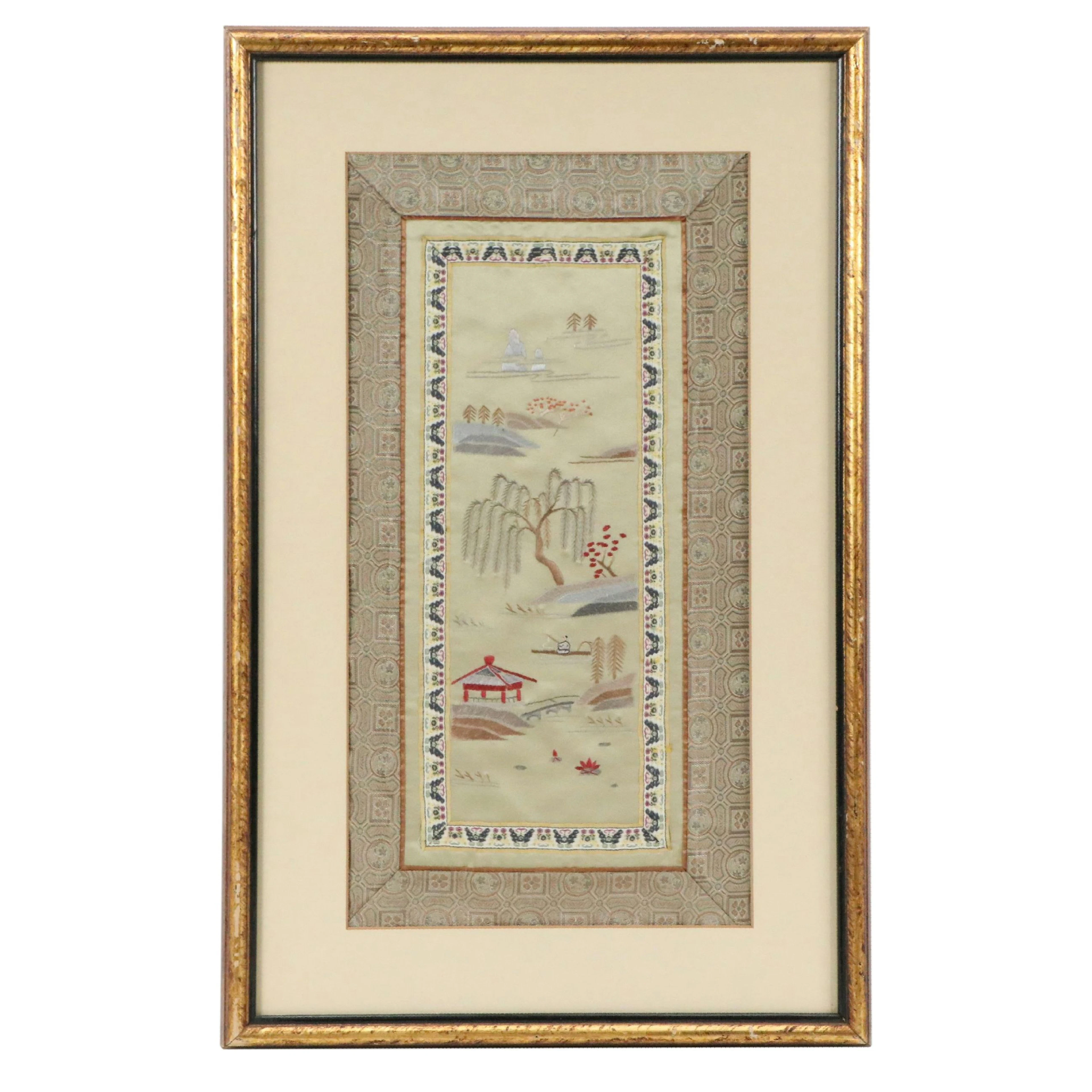 Chinese Silk Embroidery Panel Depicting Serene Landscape, 20th Century