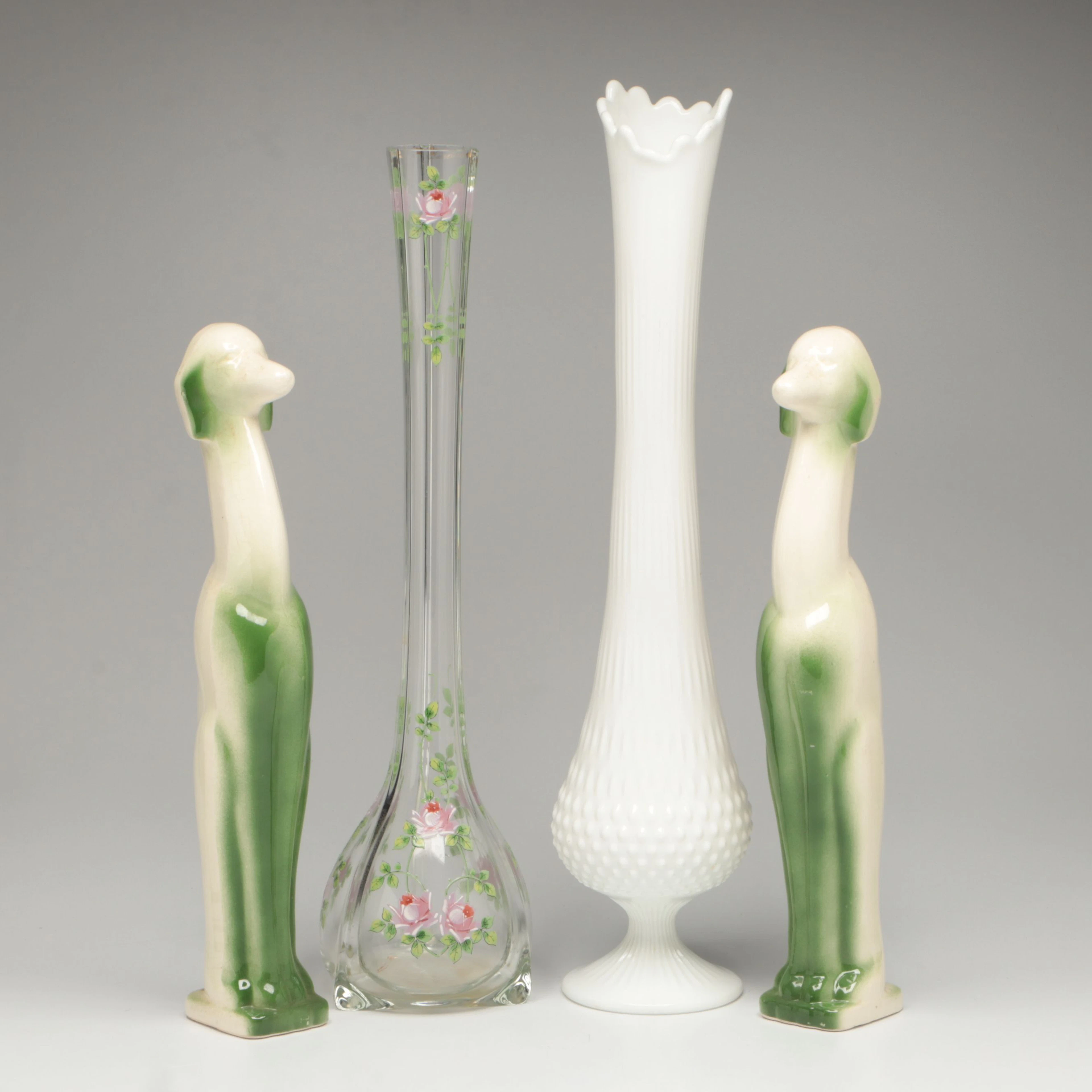 Fenton "Hobnail" Milk Glass Swung Vase with Rose Vase and Ceramic Dog Figures