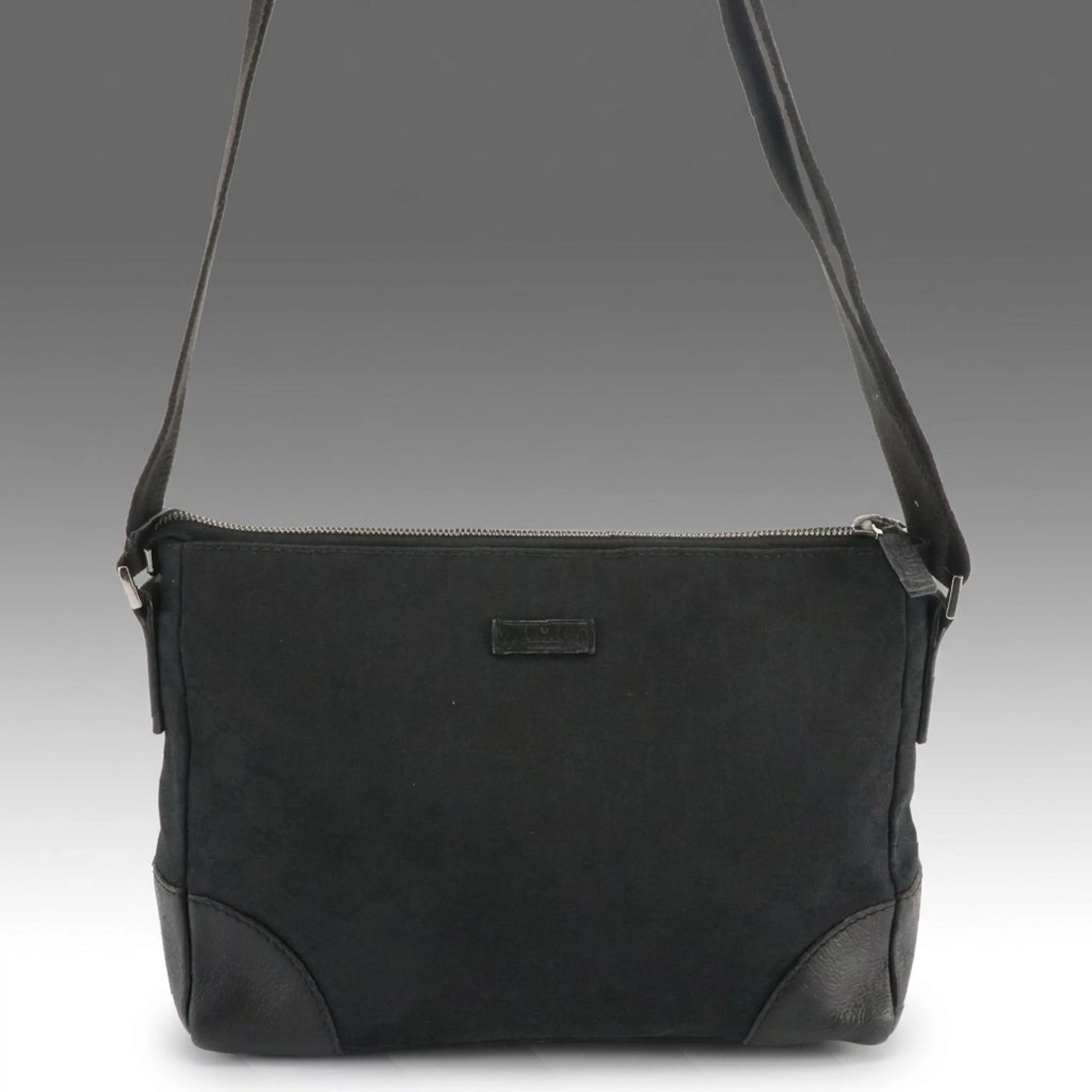 Gucci Black GG Canvas and Cinghiale Leather Zip-Top Shoulder Bag