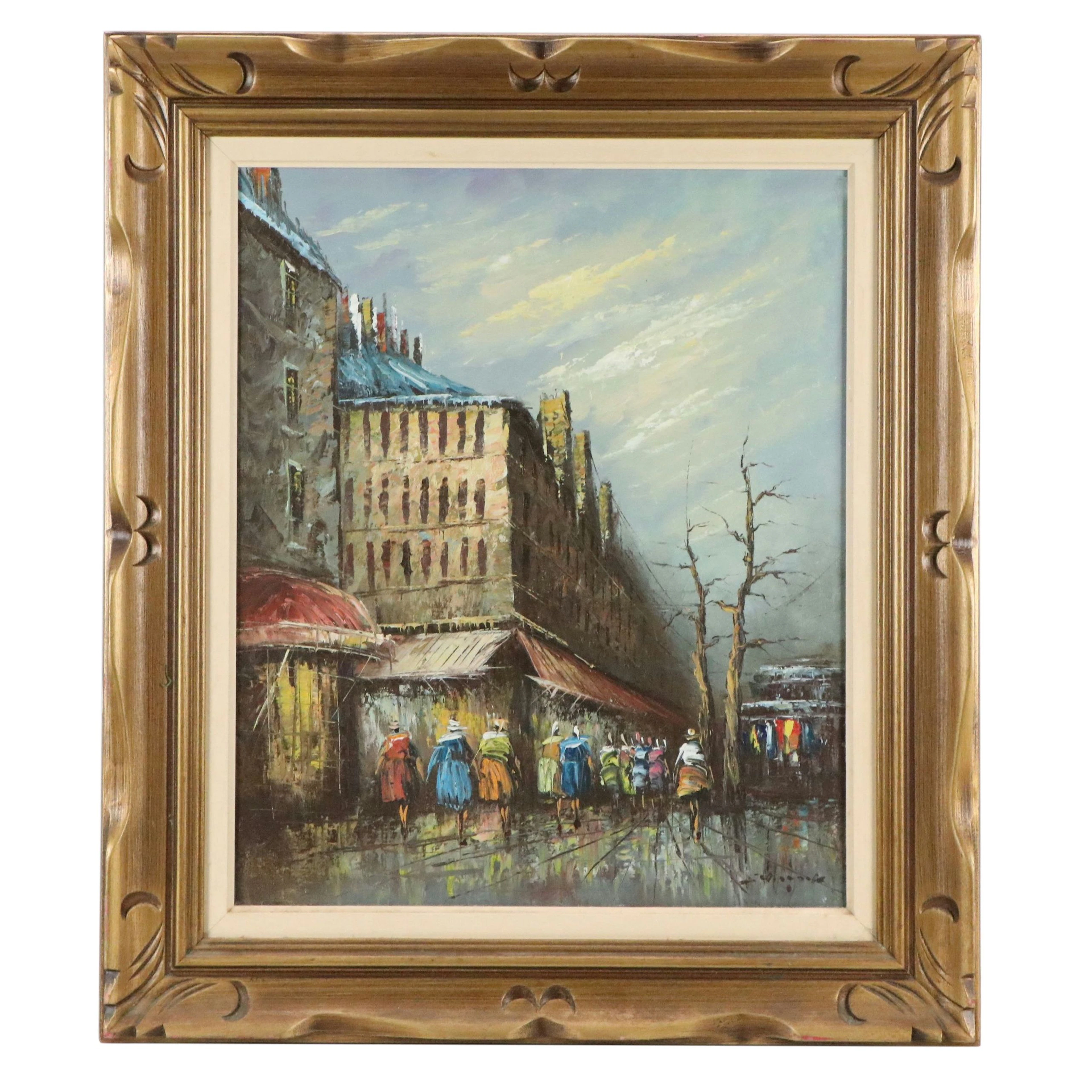Impressionist Style Parisian Street Scene Oil Painting, Mid-20th Century