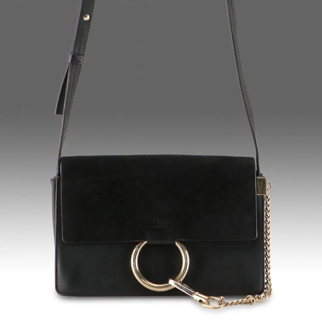Chloé Small Faye Crossbody Bag in Black Calfskin Leather and Suede