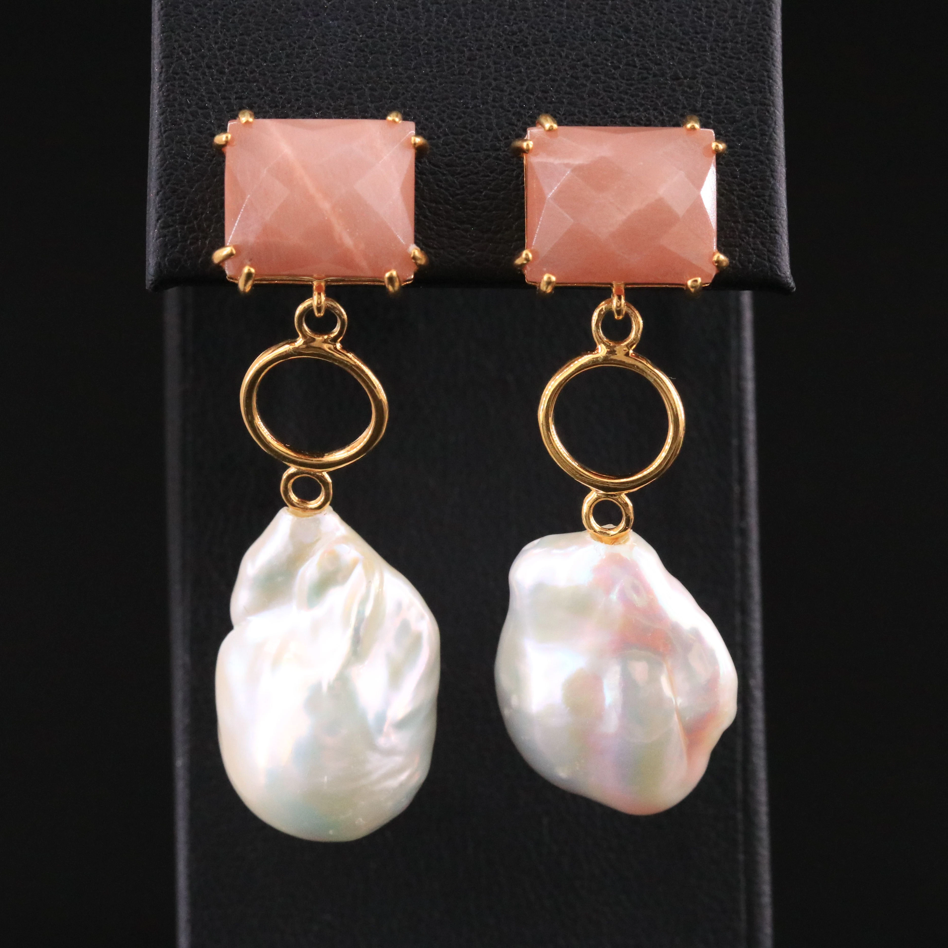 Sterling Baroque Pearl and Sunstone Drop Earrings