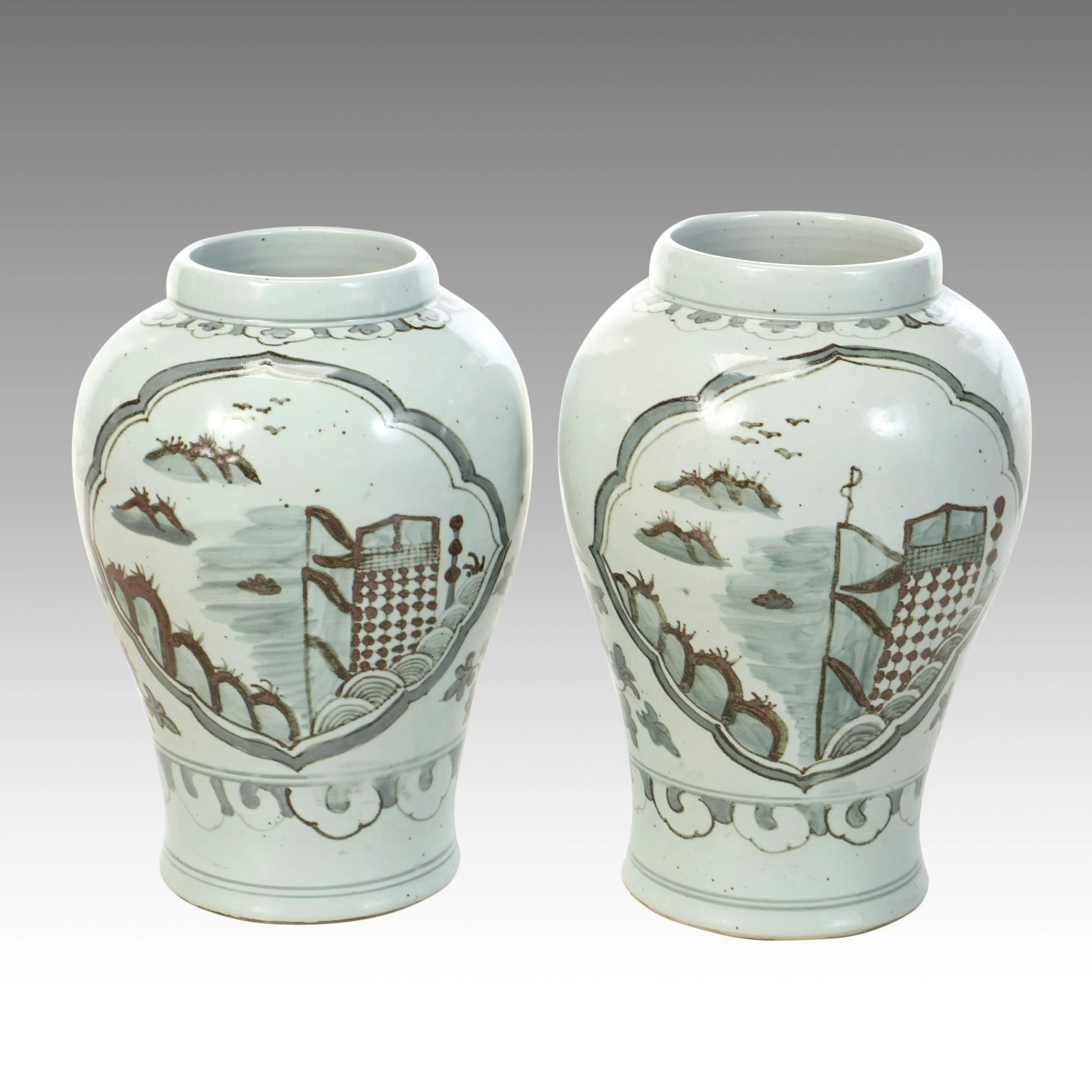 Pair of Chinese Porcelain Korean Joseon Style Landscape and Checkered Sail Jars