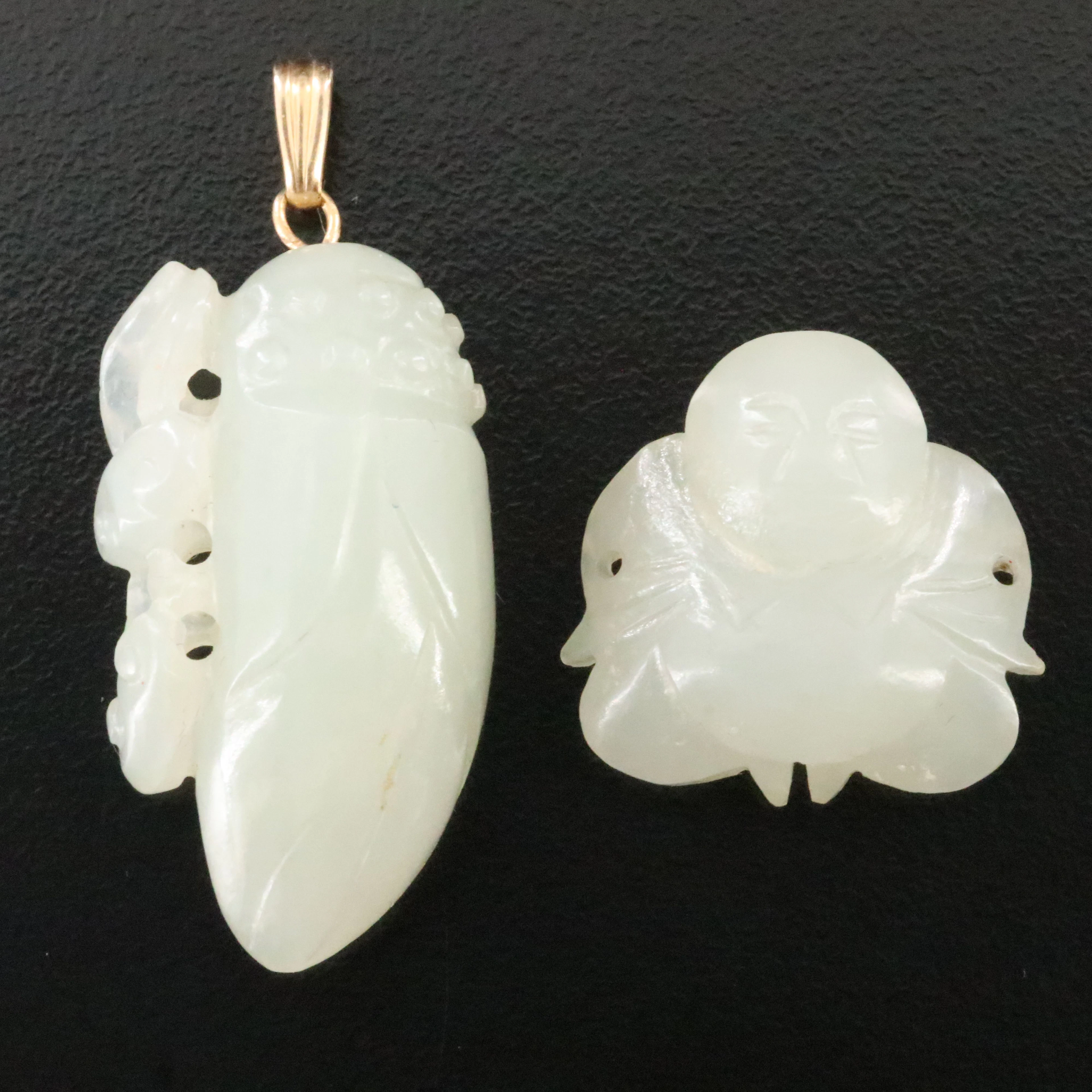 Serpentine Budai and Cicada Pendants with 14K