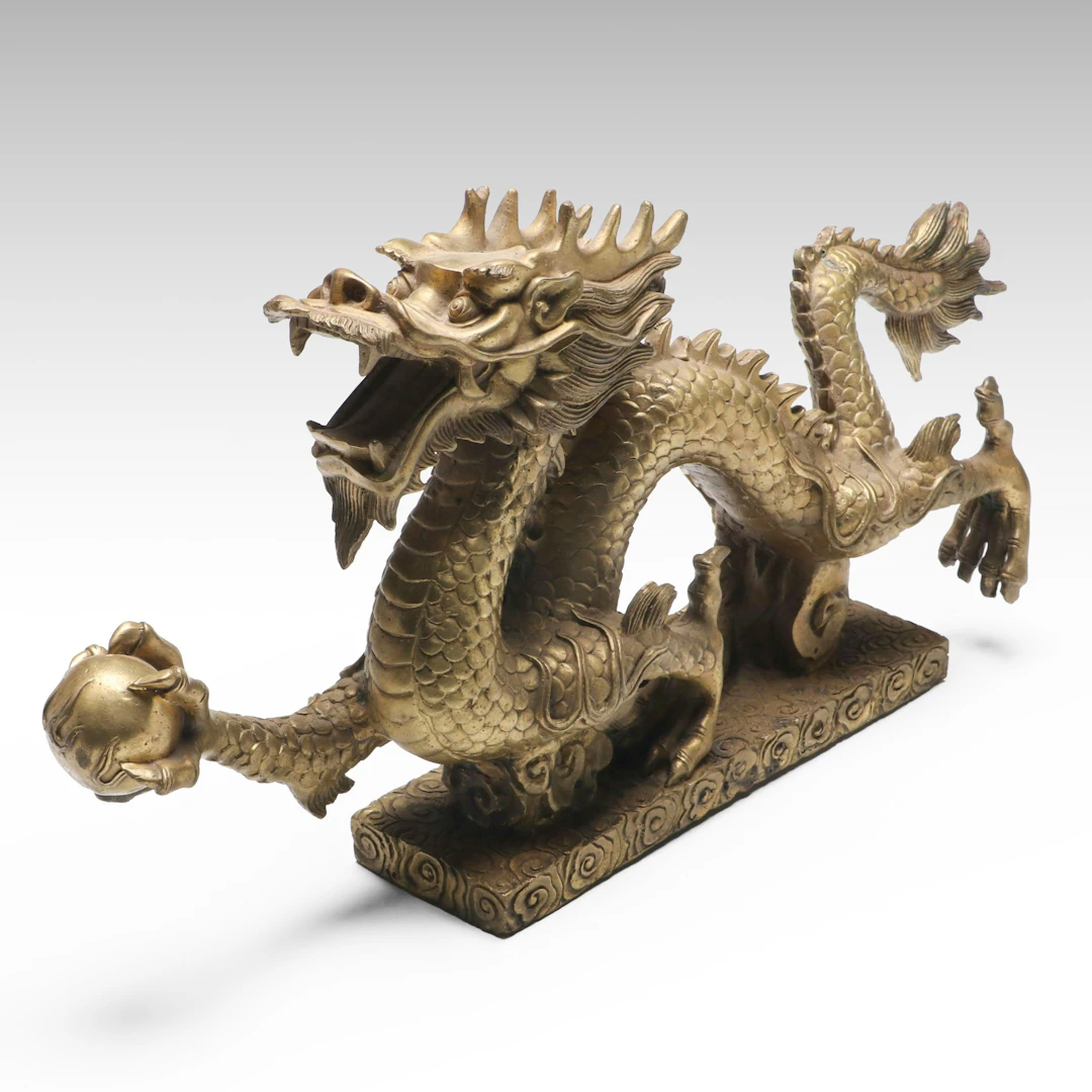 Chinese Ornate Brass Dragon Holding Pearl Figure