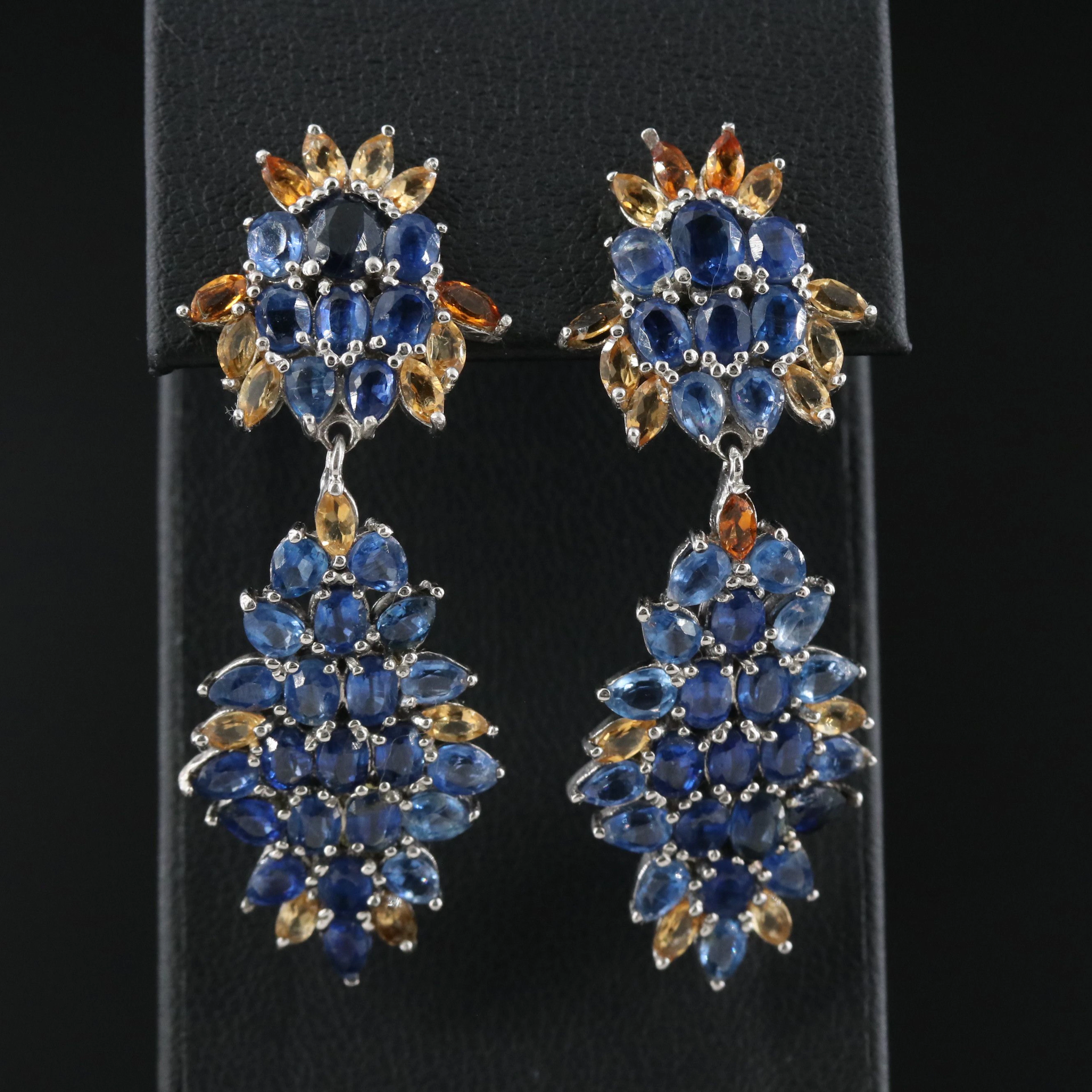 Sterling Kyanite and Citrine Cluster Pendant Earrings