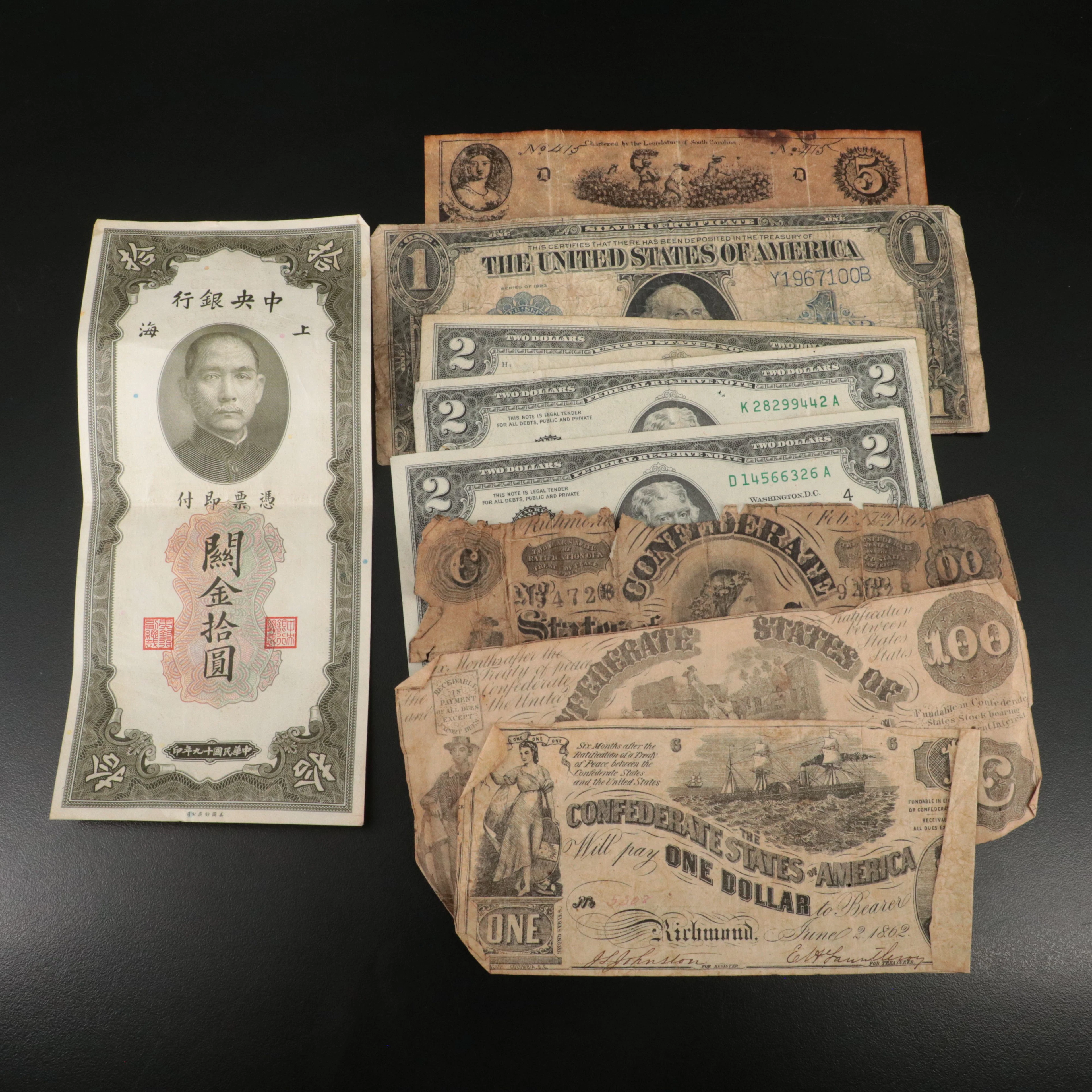 Group of Antique to Vintage Confederate, U.S. and Foreign Currency