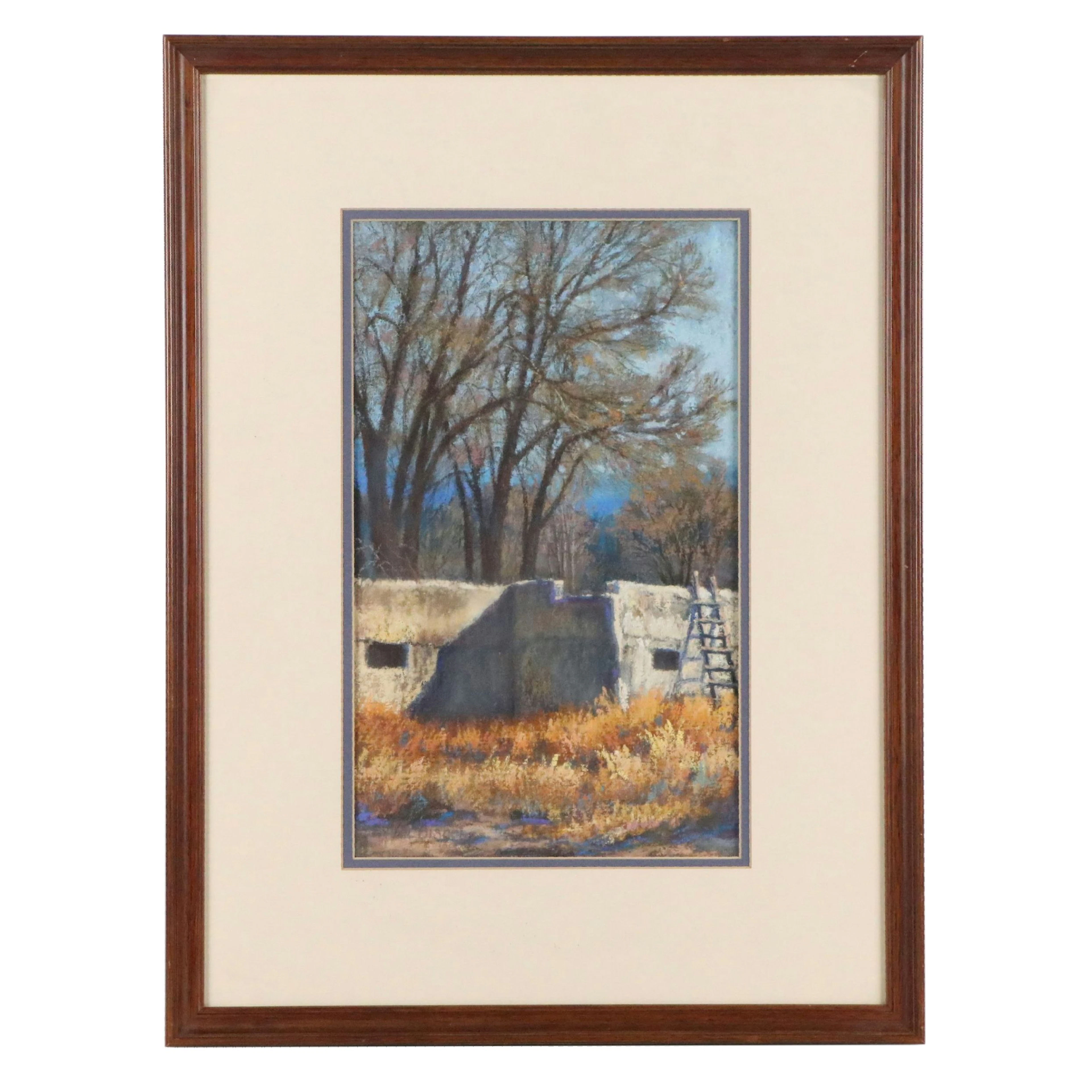 Landscape Oil Pastel Drawing of Pueblo House, 20th to 21st Century