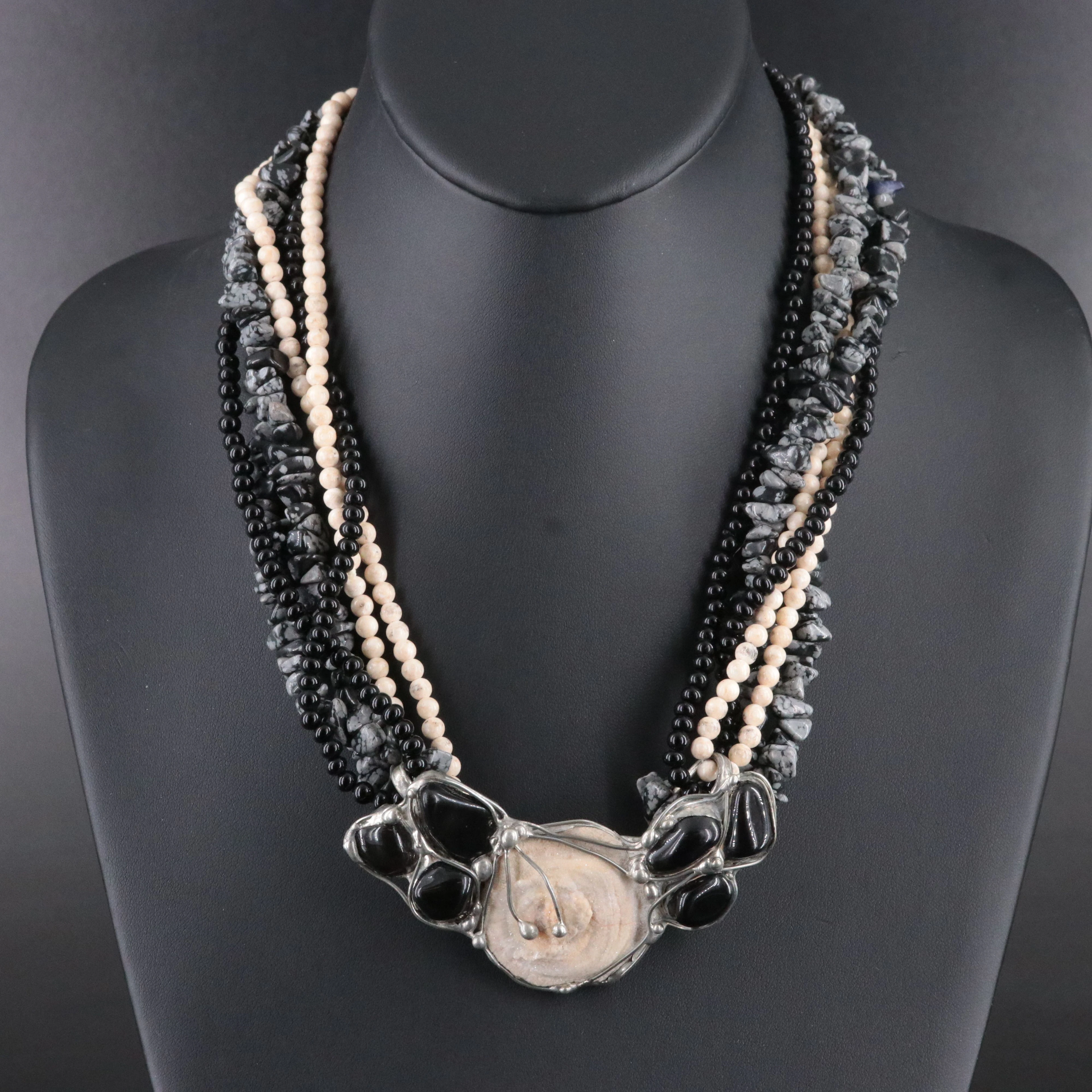 Druzy and Smoky Quartz Artistic Pendant with Beaded Necklace Including Obsidian