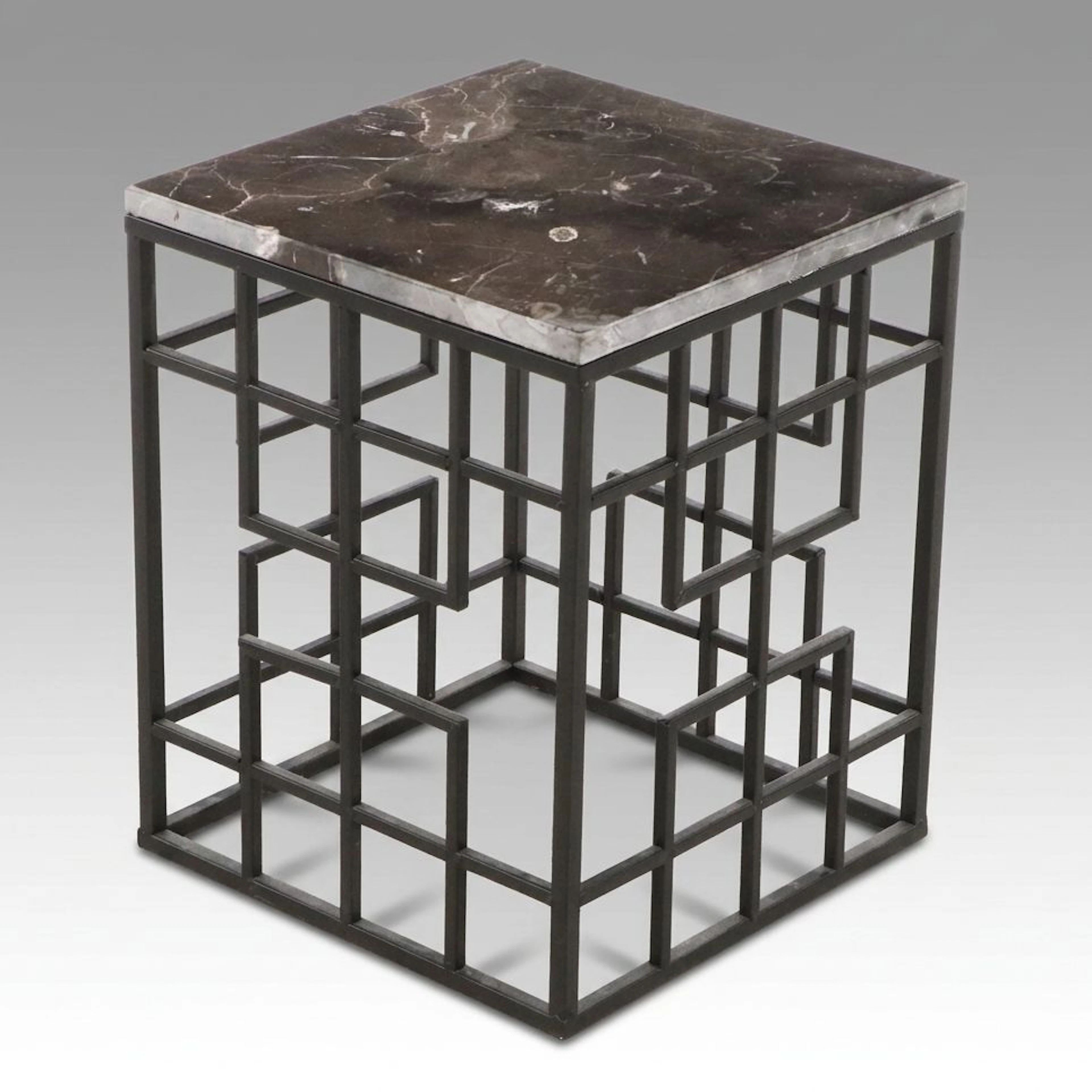 Contemporary Marble Top Black Iron Geometric Cage Accent Table, 21st Century