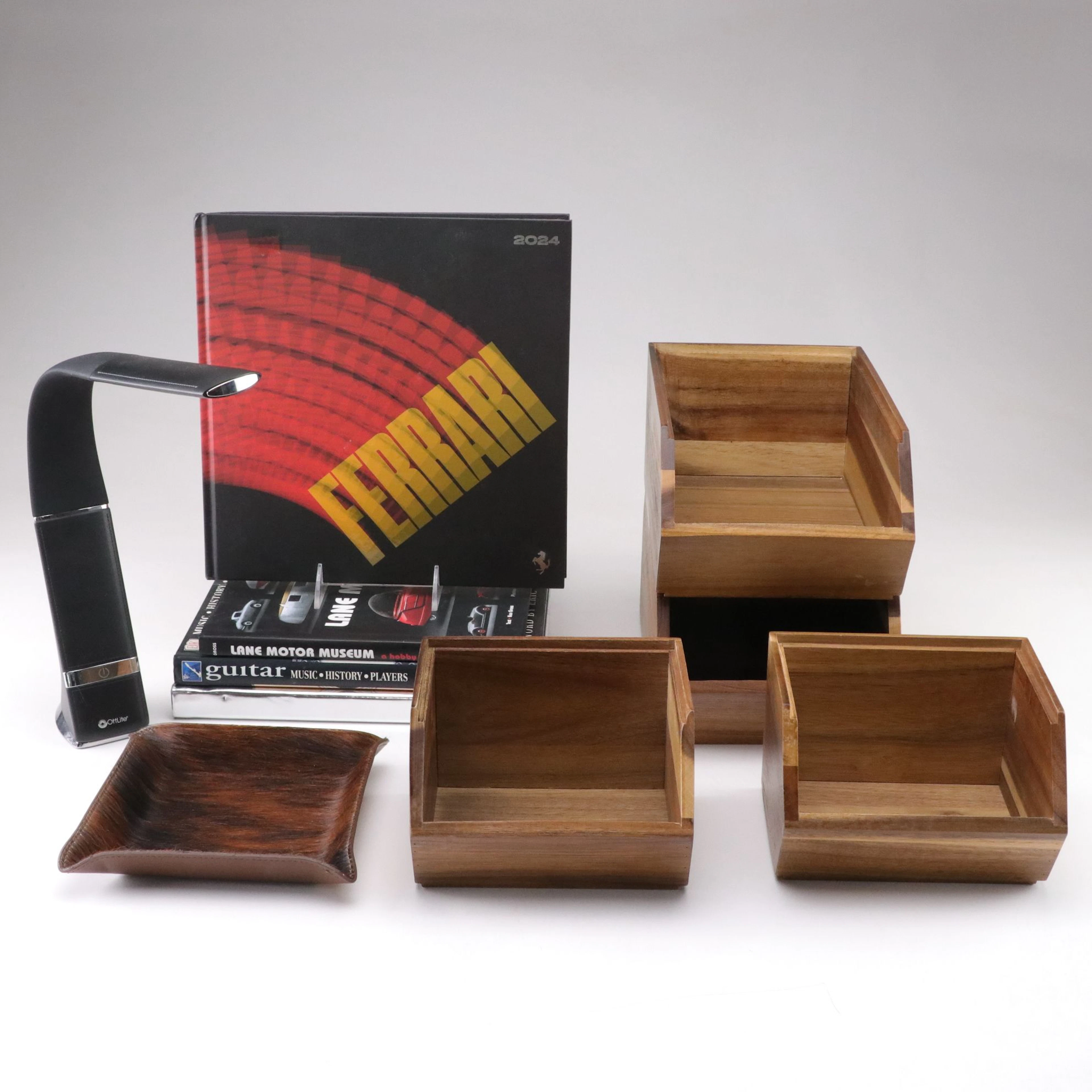 OttLite Desk Lamp, The Container Store Storage Boxes, Ferrari Book & More