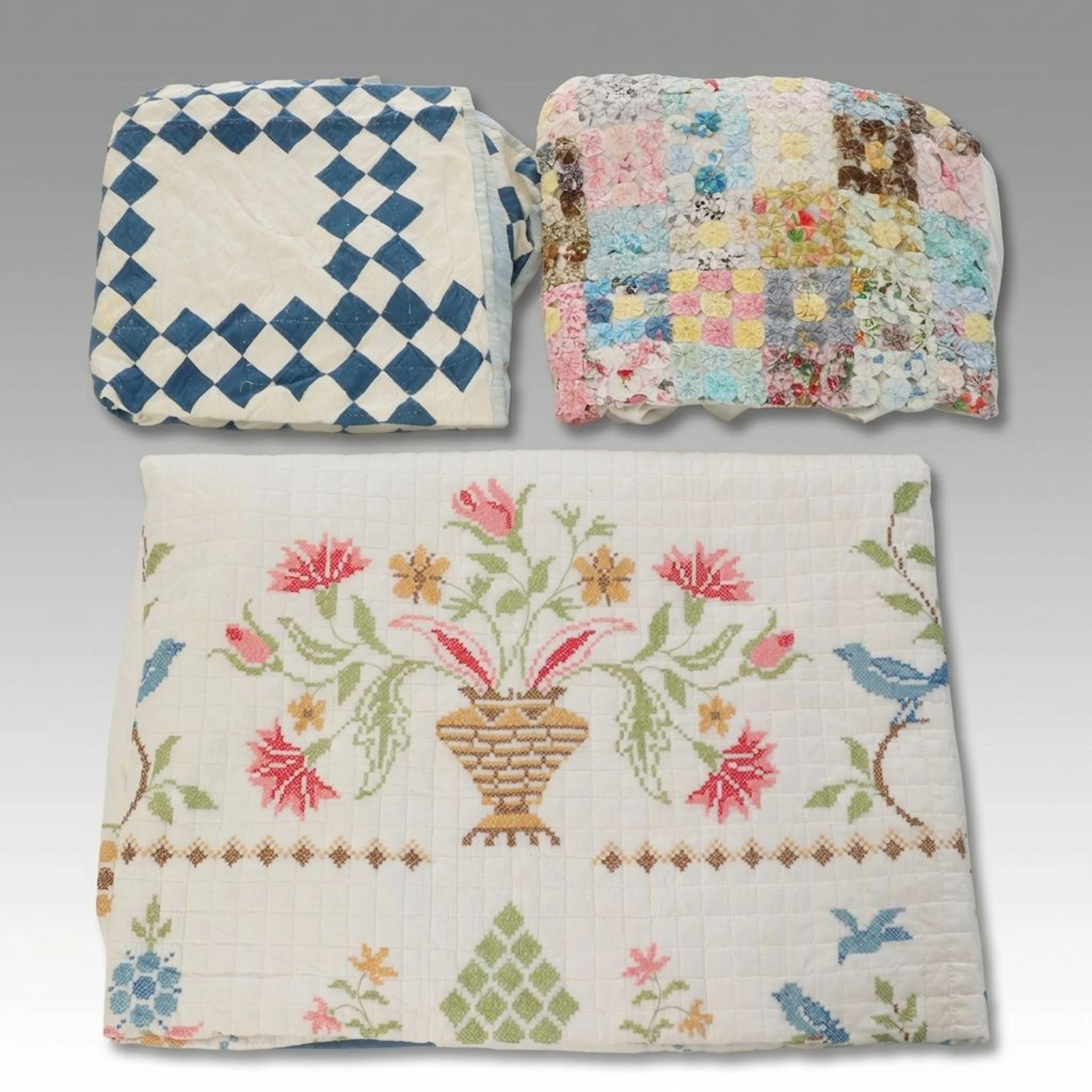 Rustic Floral Pictorial Quilt with Blue Diamond Patchwork Quilt and Bed Skirt