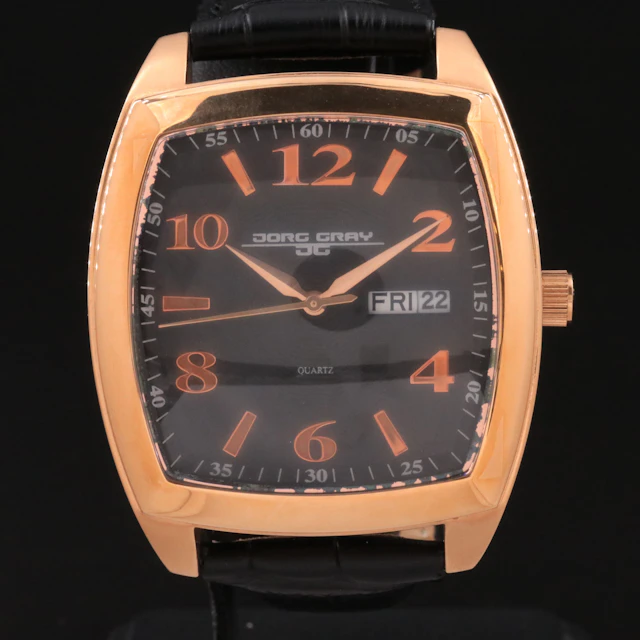 Jorg Gray Rose Tone Tonneau Black Dial Luxury Quartz Watch JG1320-12