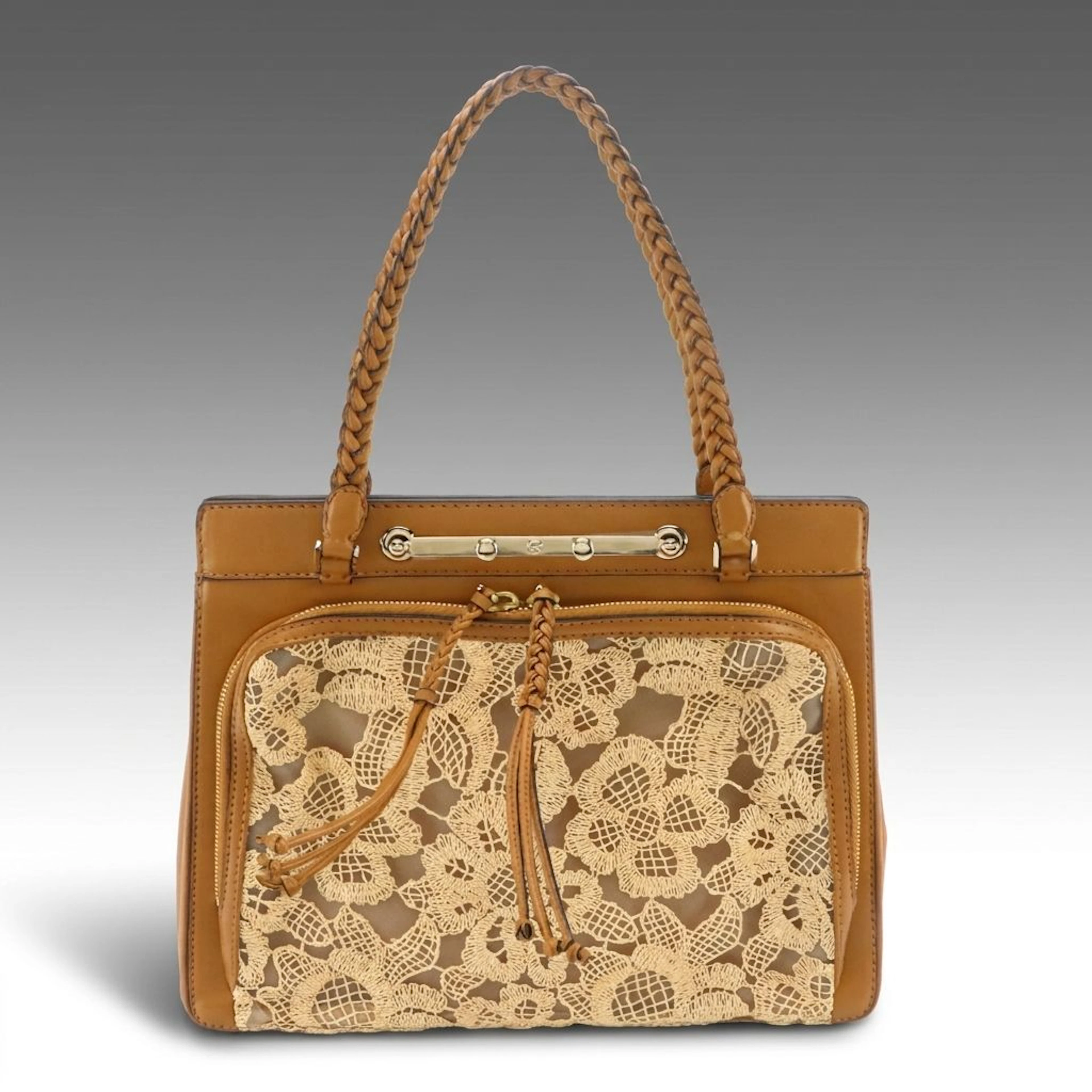 Valentino Garavani Lace Demetra Satchel Bag in Cognac Calfskin Leather