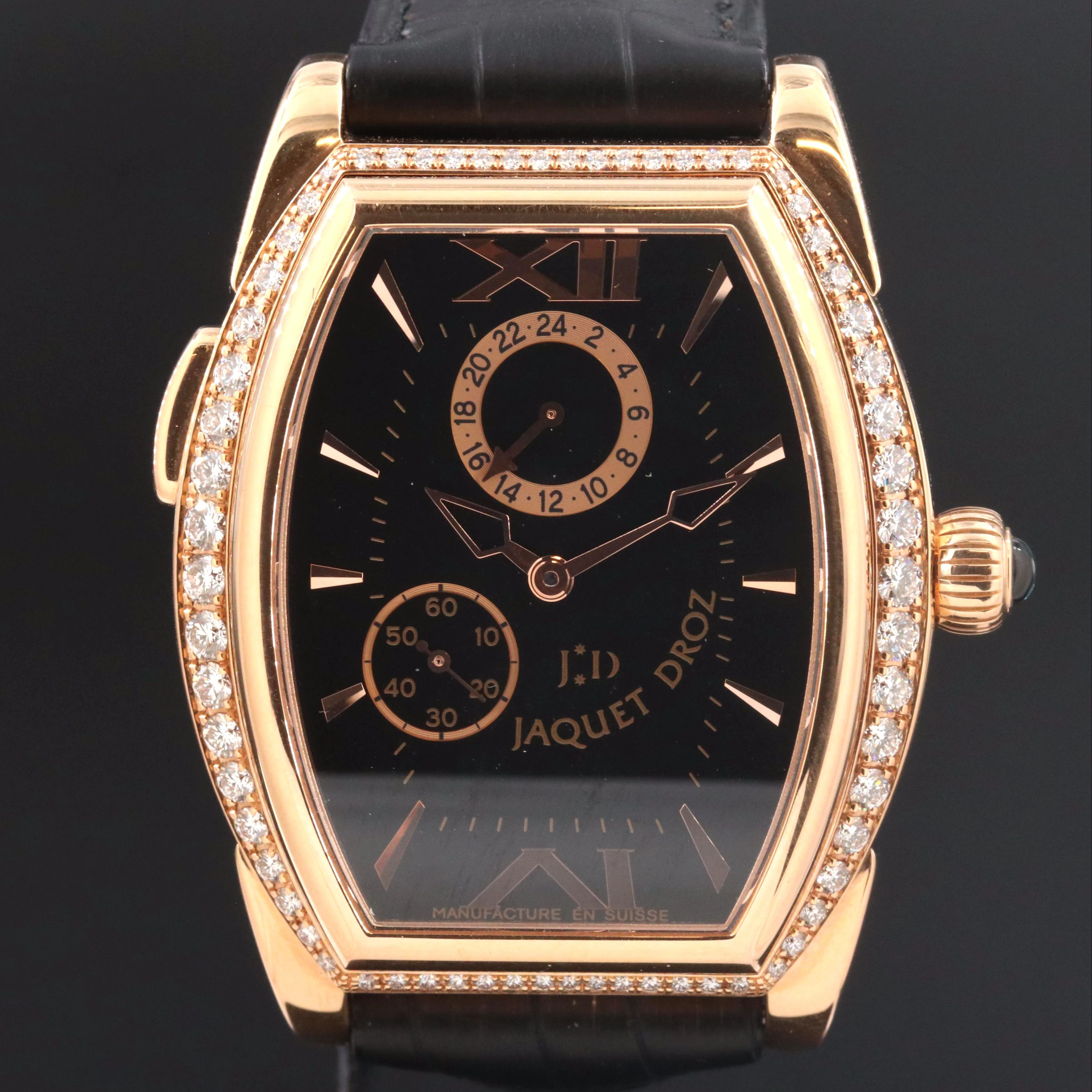 Jaquet Droz Tonneau GMT Hommage Londres Diamond 18K Rose Gold 38mm Watch 5195JR
