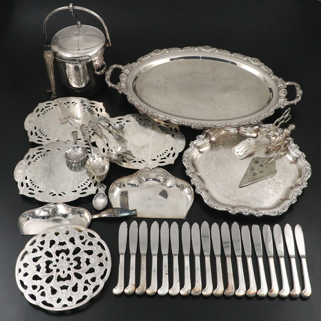 Poole Bristol Silver Serving Tray with More Silver Plate Serveware and Utensils