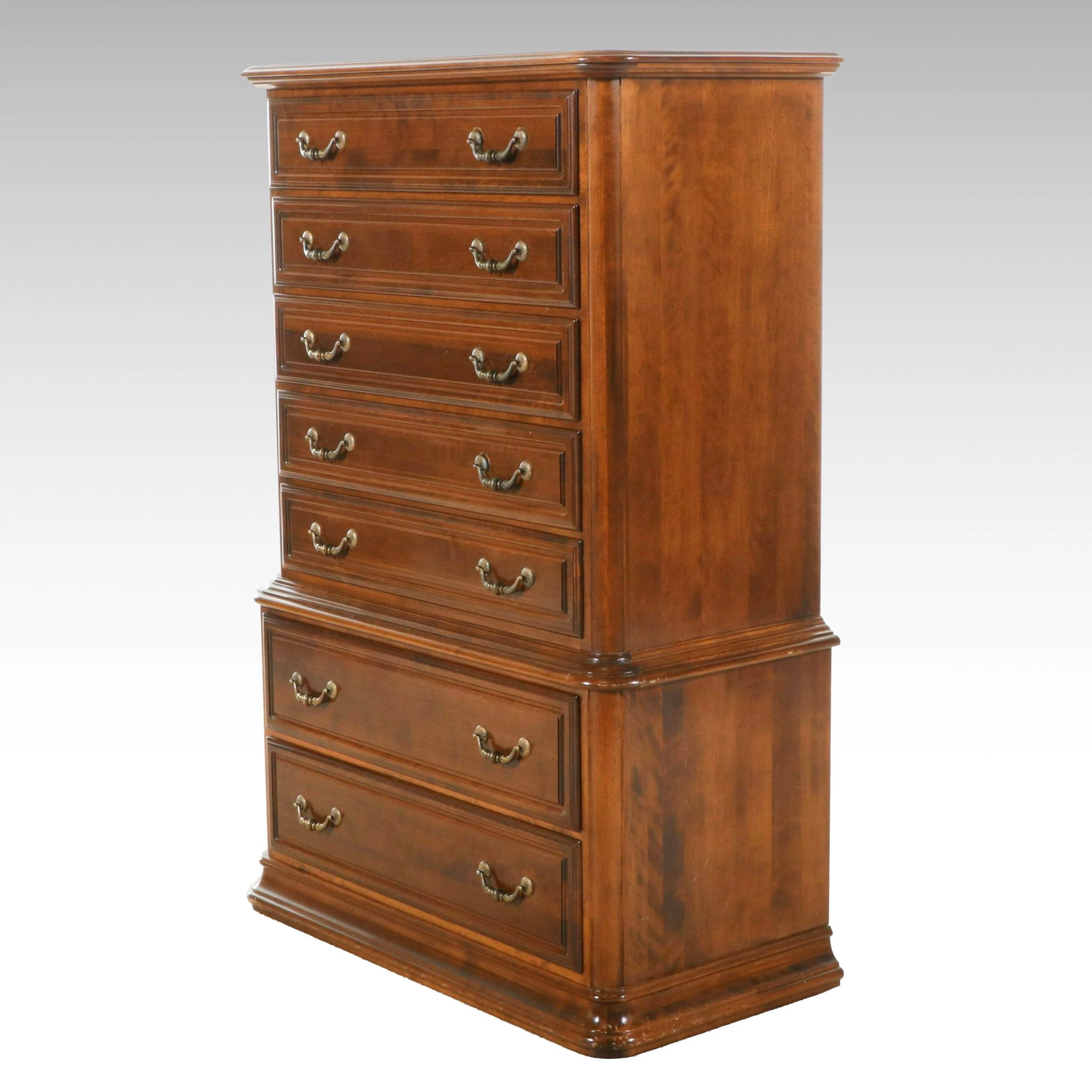 Ethan Allen Colonial Revival Style Oak Tallboy Chest of Drawers, Late 20th C.