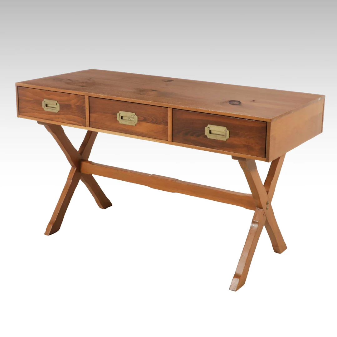 Campaign Style Pine Three-Drawer X-Base Desk