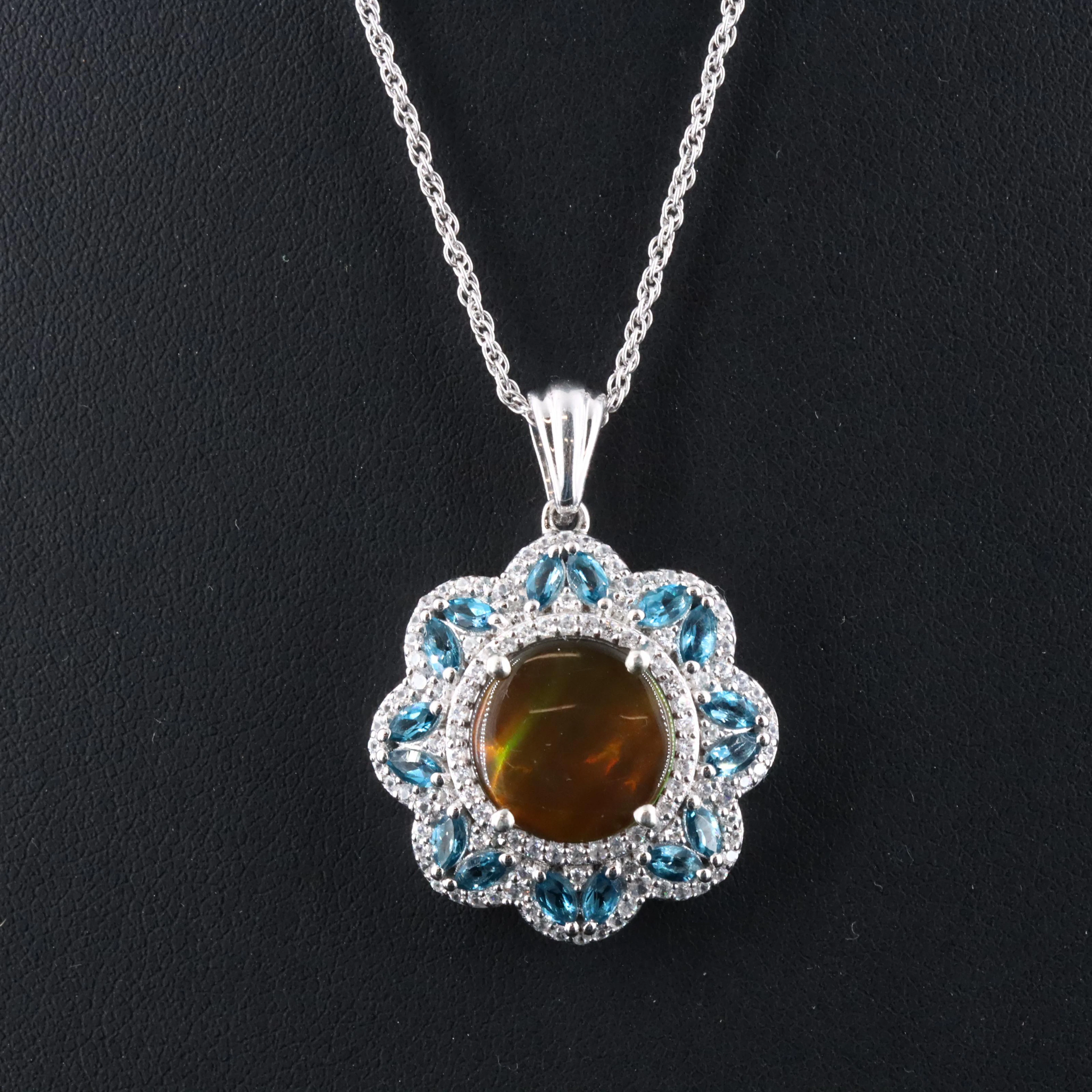 Sterling Ammolite Doublet, Topaz and White Zircon Pendant Necklace