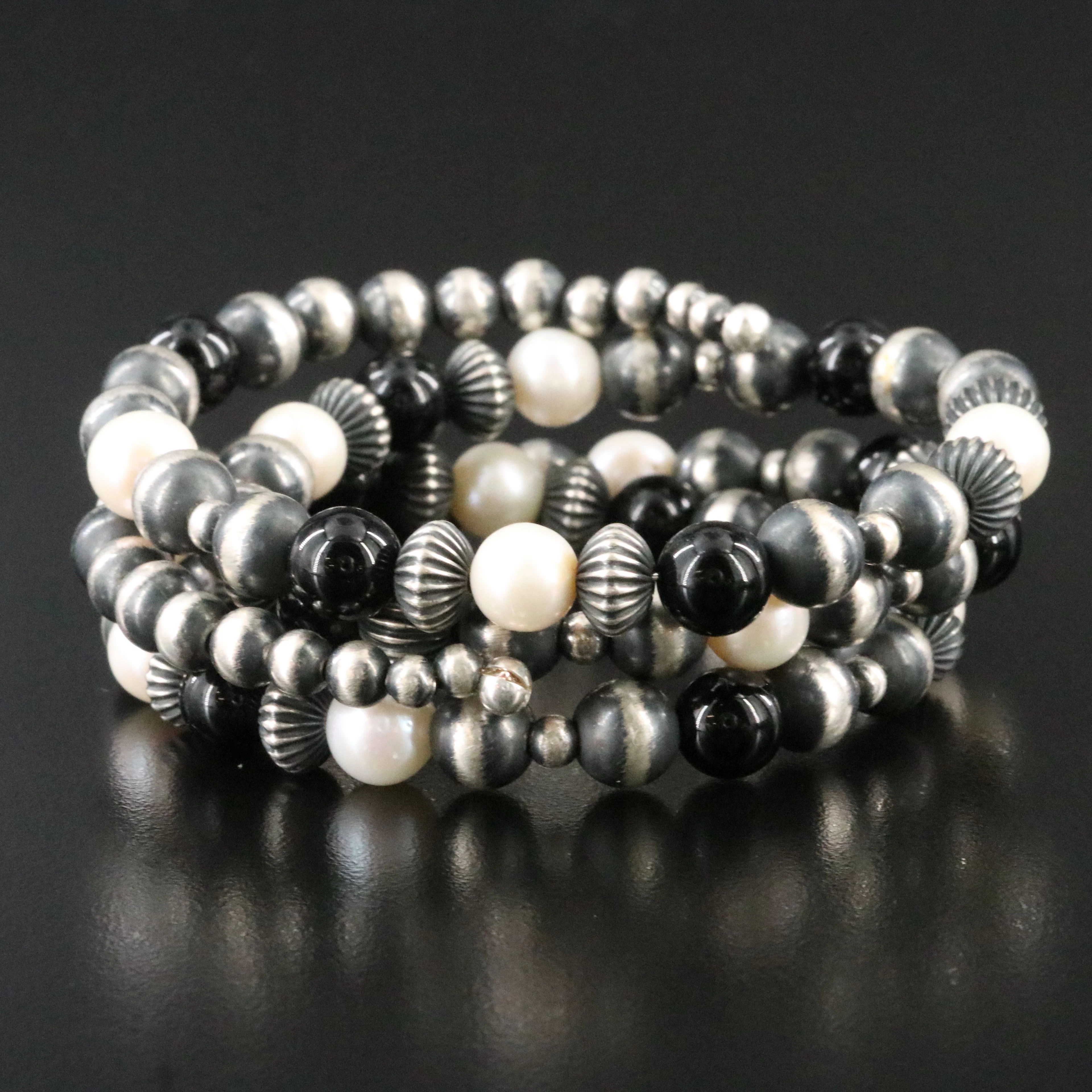 Sterling, Pearl & Black Onyx Bead Wrap Bracelet