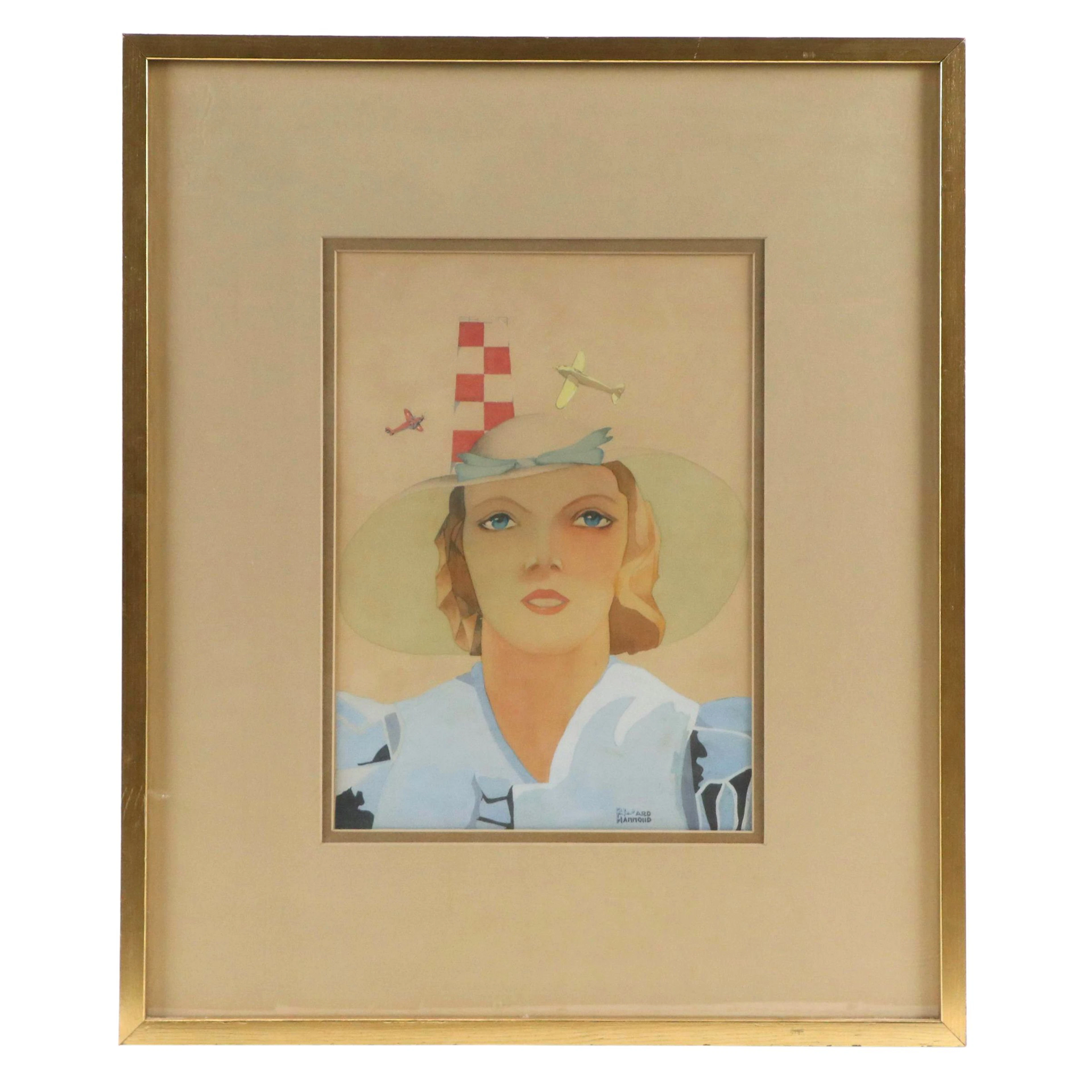 Ard Hammond Gouache Painting of Amelia Earhart, Early 20th Century
