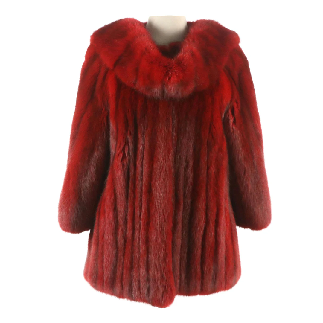 Bisang Red Dyed Sable Collarless Coat and Matching Narrow Scarf