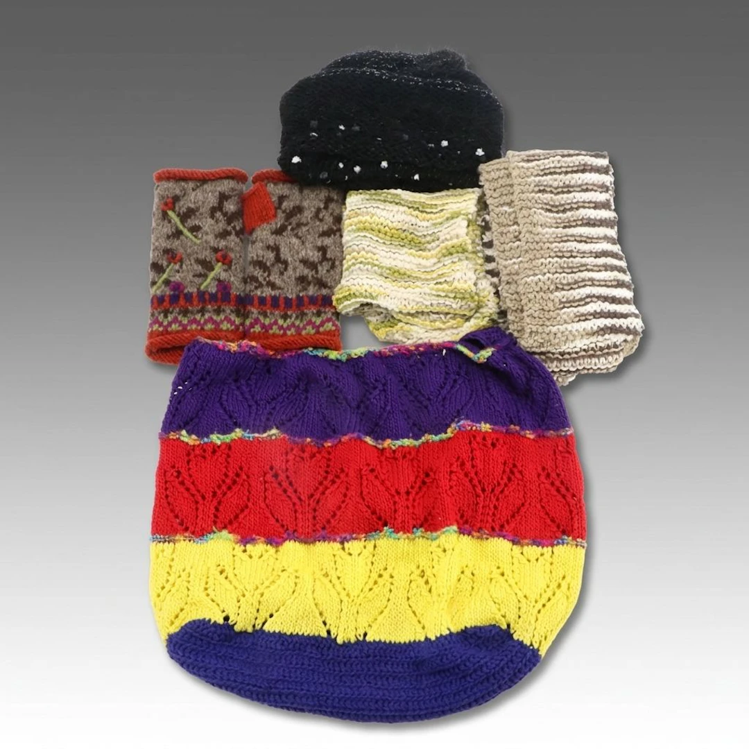 Multicolor Knit Hobo Bag with Knit/Crochet Scarves and Fingerless Mittens