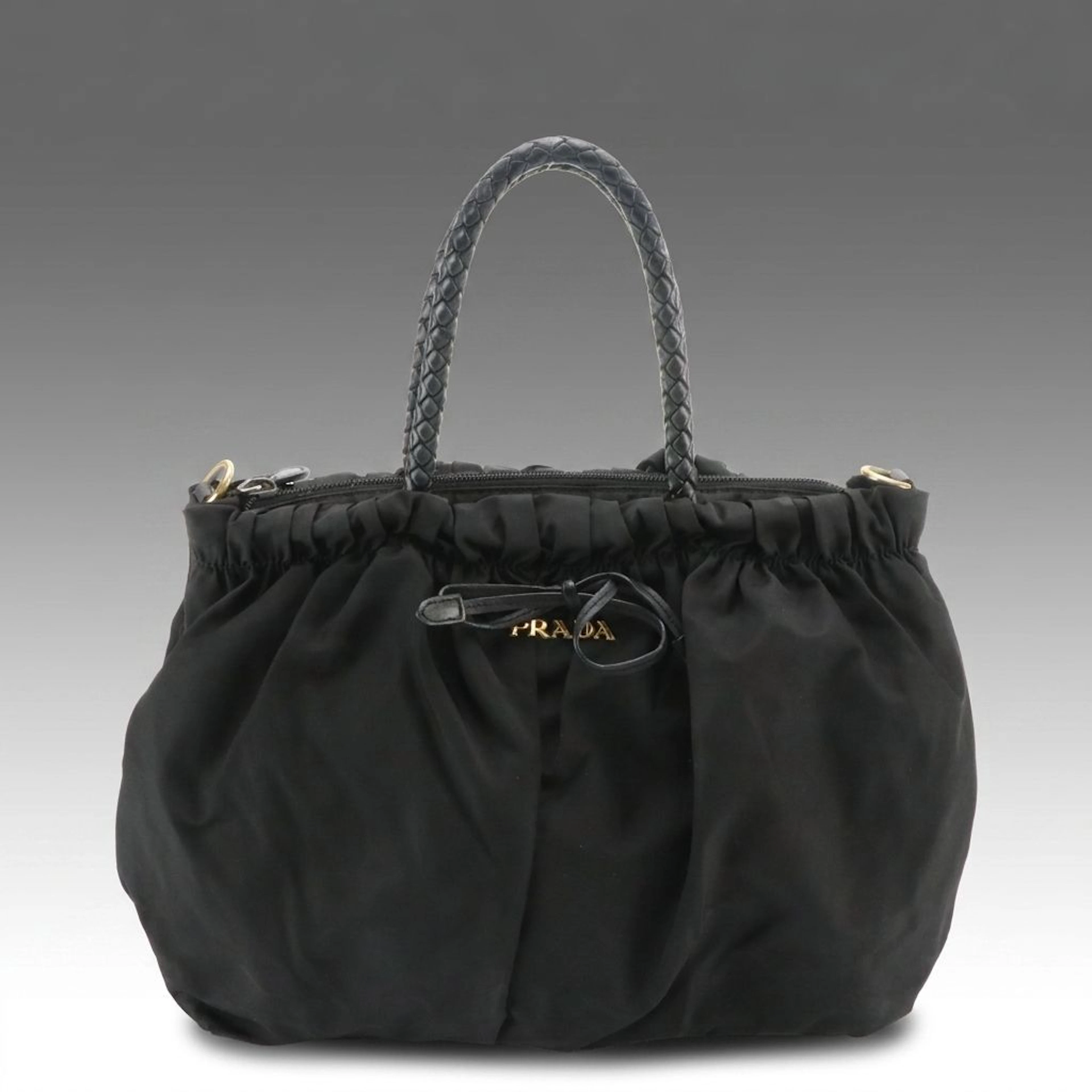 Prada Braided Handle Pleated Tote Bag in Black Tessuto Nylon and Leather