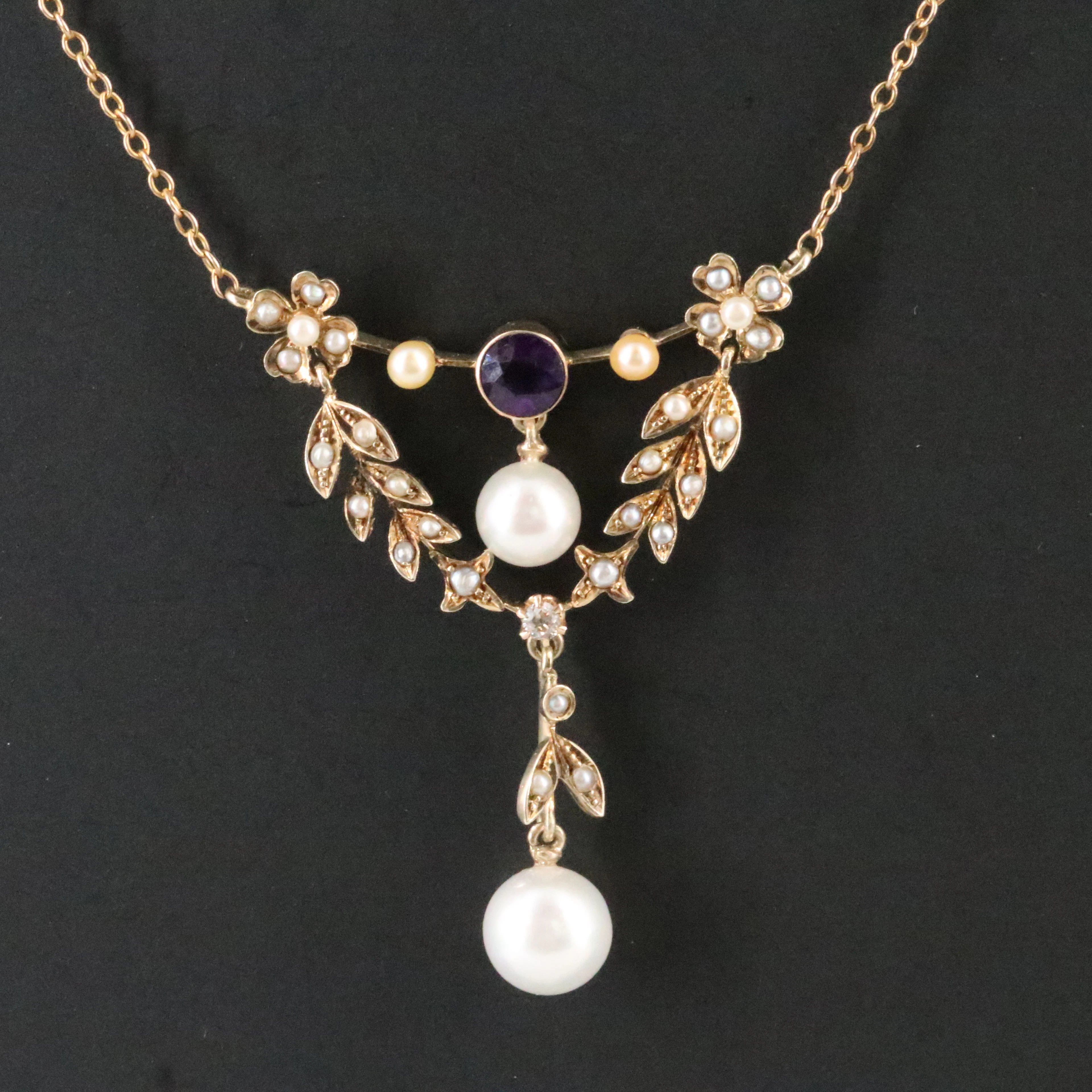 Art Nouveau 10K Green and Rose Gold Pearl, Amethyst & Diamond Lavalier Necklace