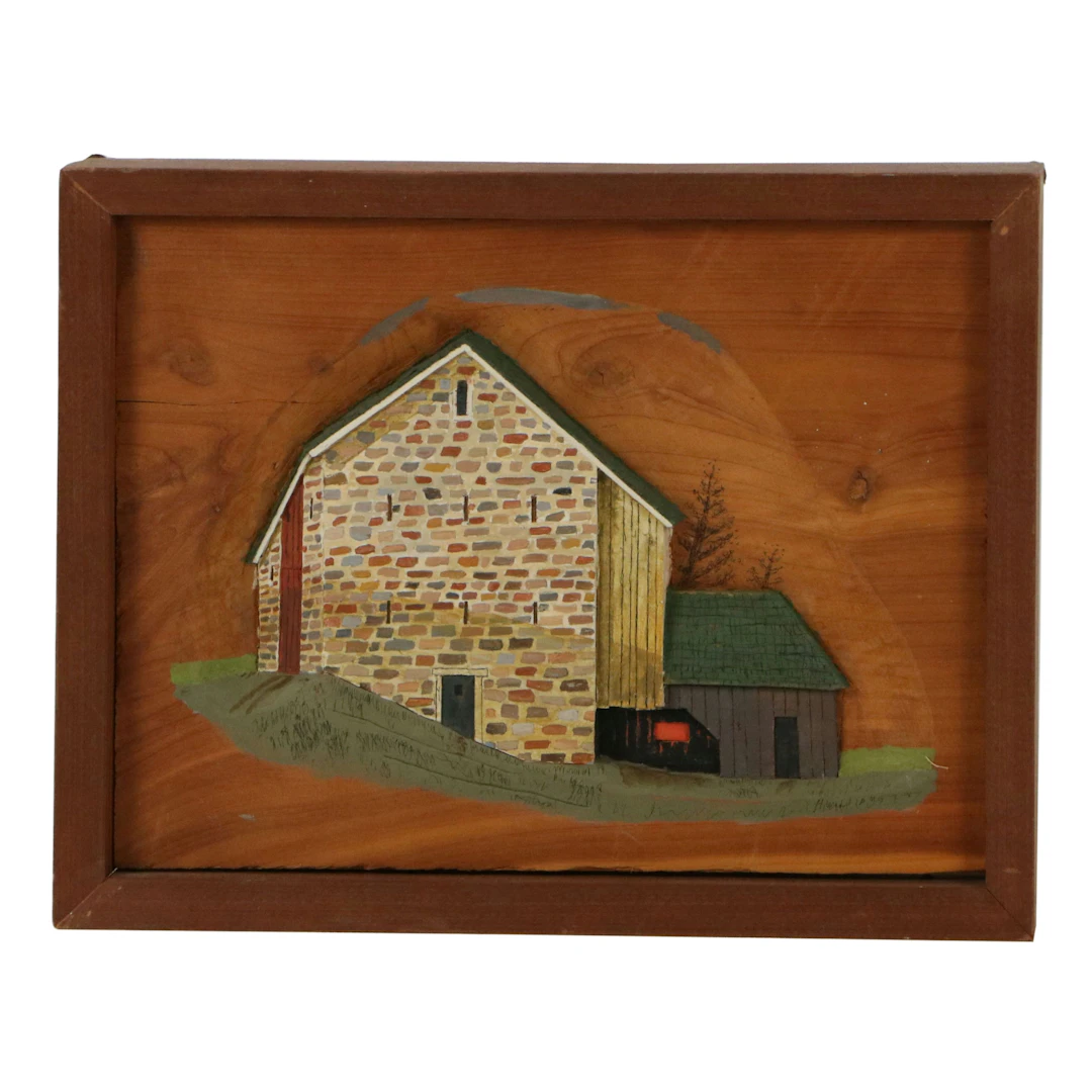 Herb Williams Folk Art Painted Wood Carving of Brick Home