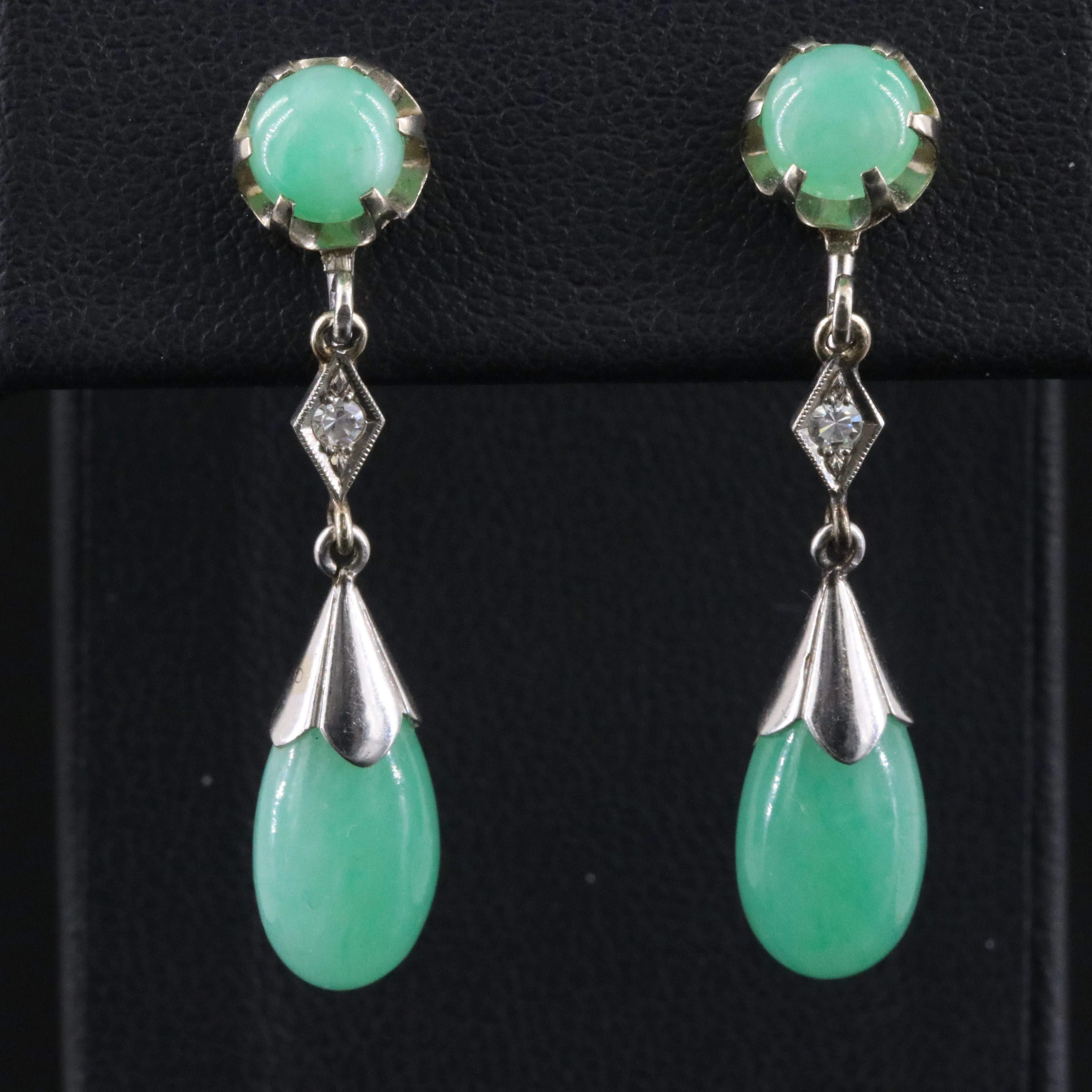 14K and Palladium Jadeite and Diamond Drop Earrings
