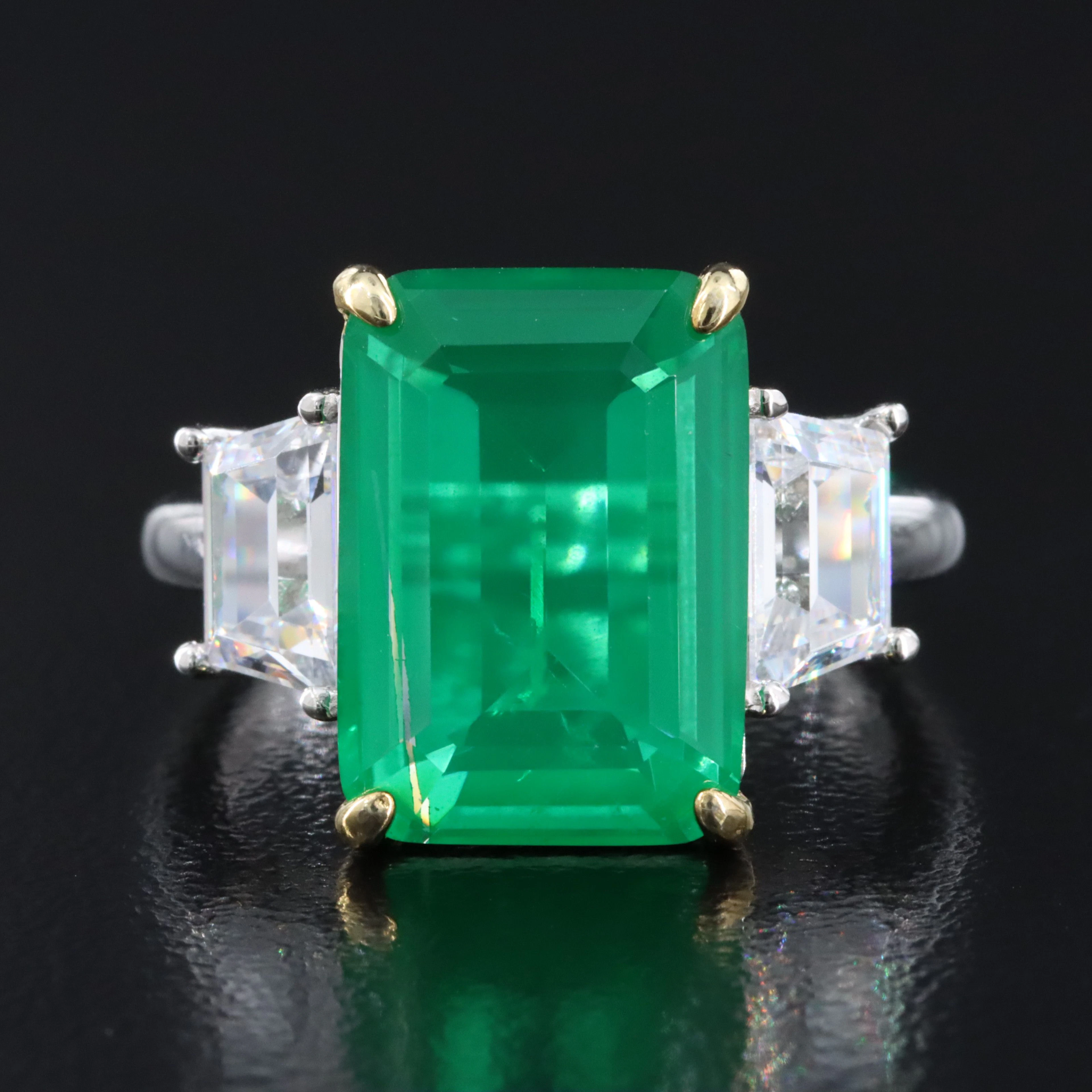Sterling Glass Beryl Triplet and CZ Ring