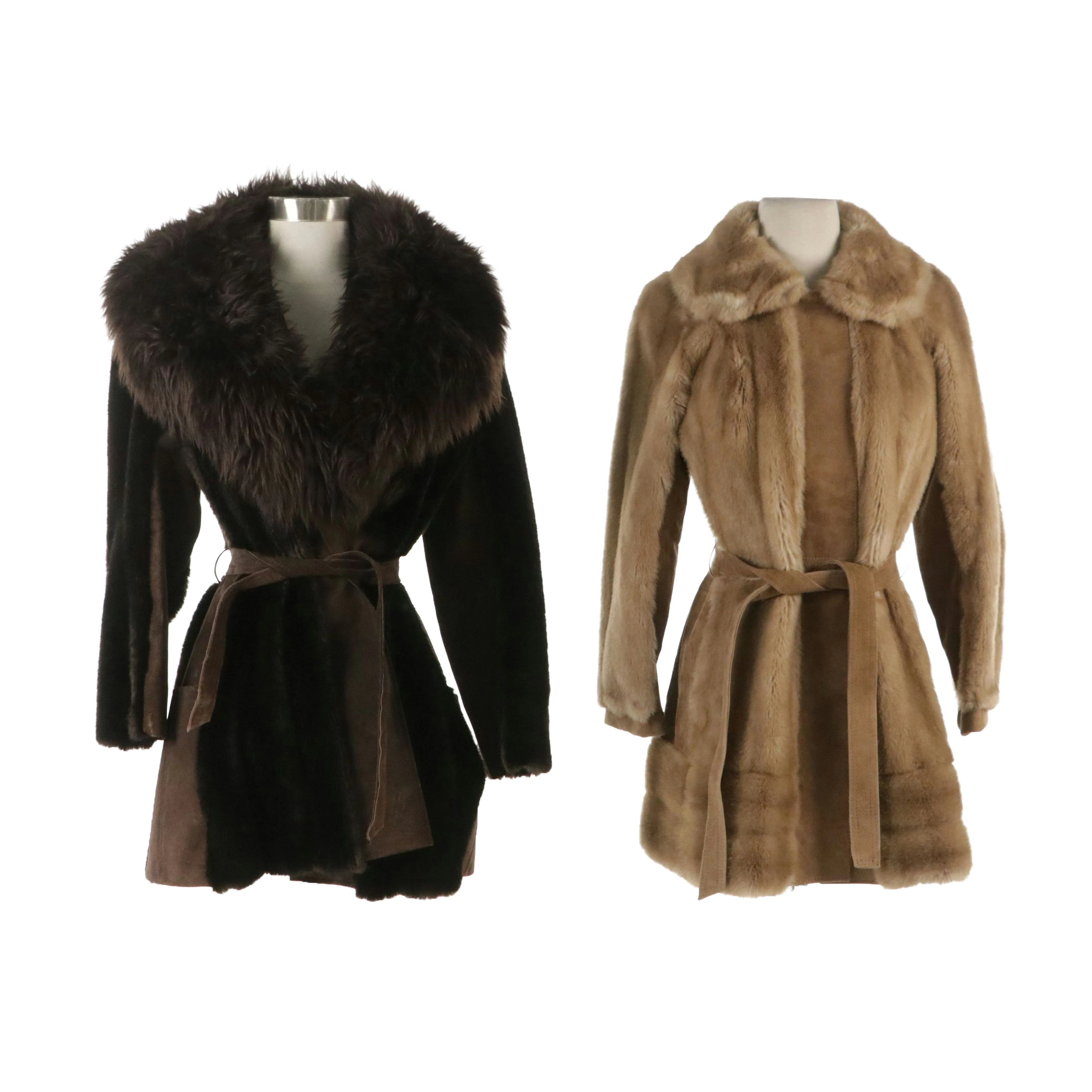 Lilli Ann 1970s Faux Fur Belted Coats in Chocolate Brown & Beige Suede Trim