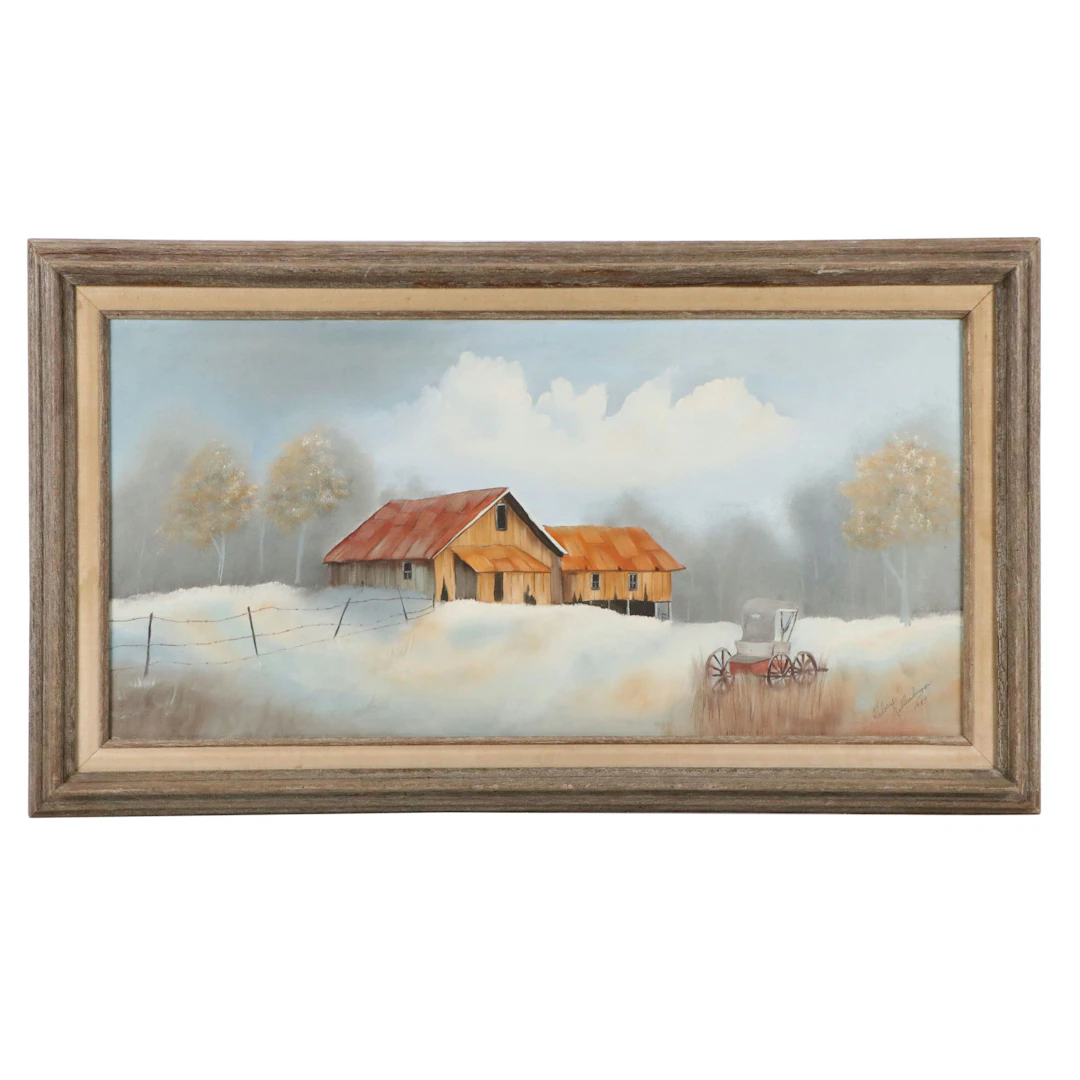 Delores Kellenberger Winter Farm Landscape Oil Painting, 1984