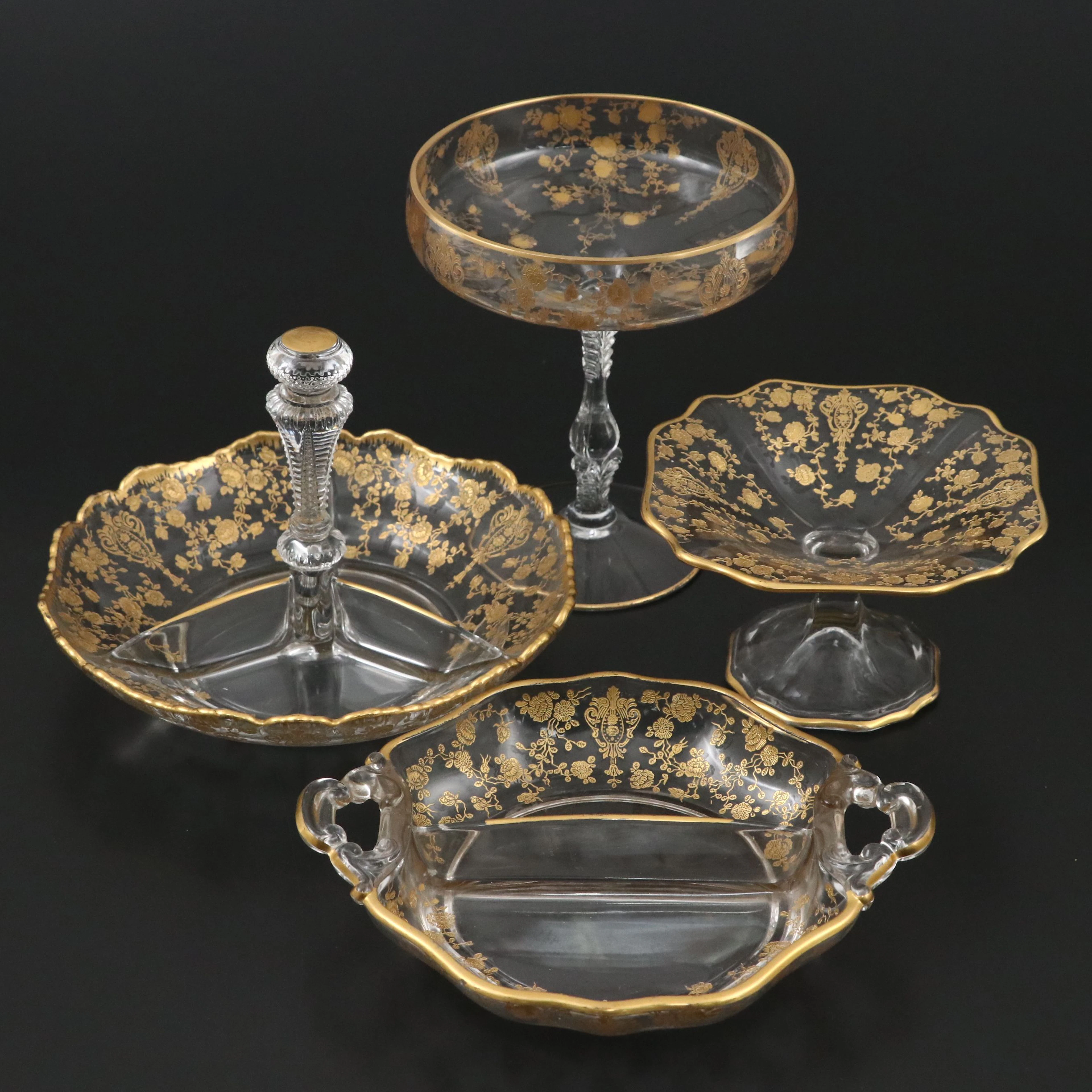 Cambridge "Rose Point" Gold Encrusted Relish Dishes and Compotes